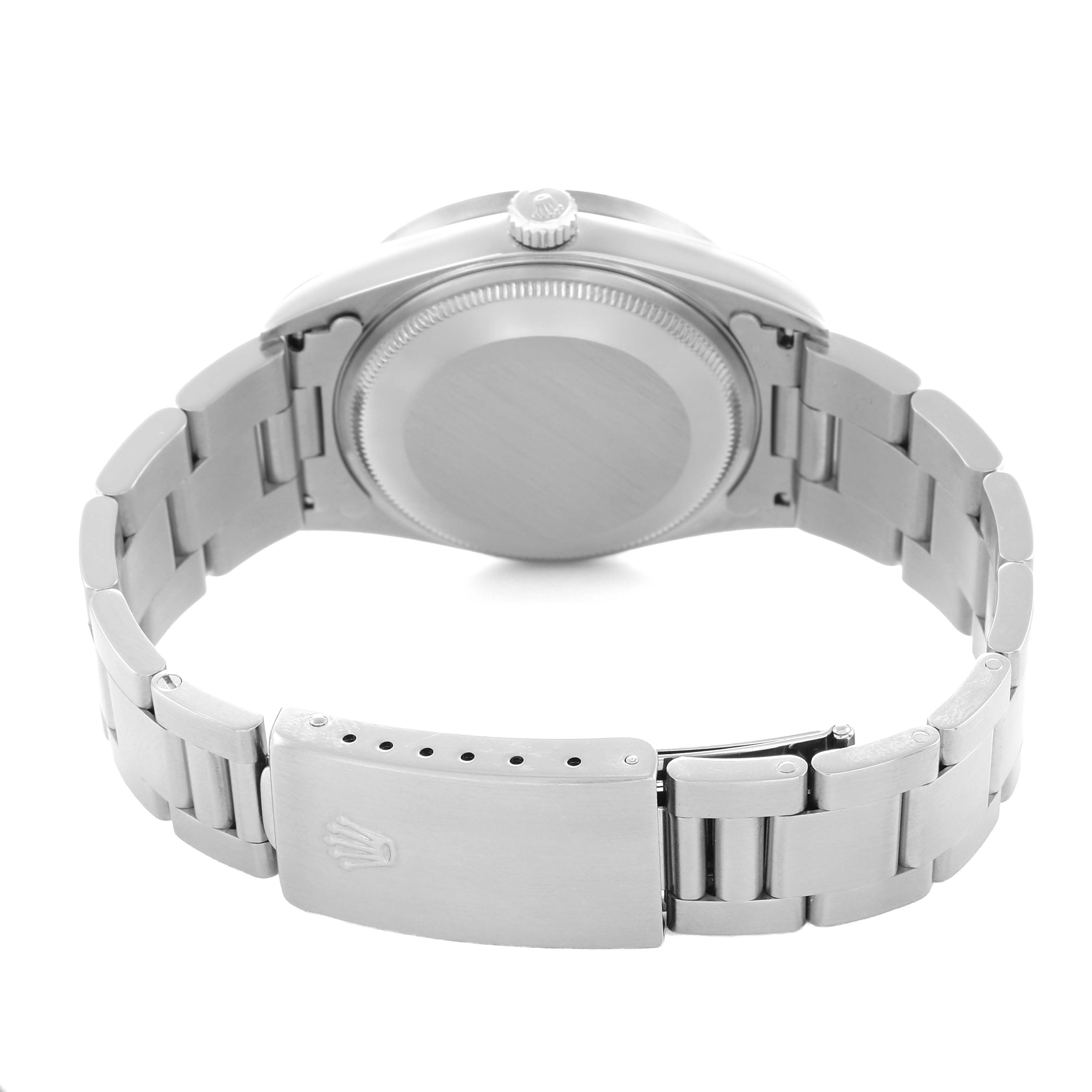 The image shows the back view of a Rolex Air-King 14010 Men
s Stainless Steel White Dial watch, highlighting the clasp and bracelet links.