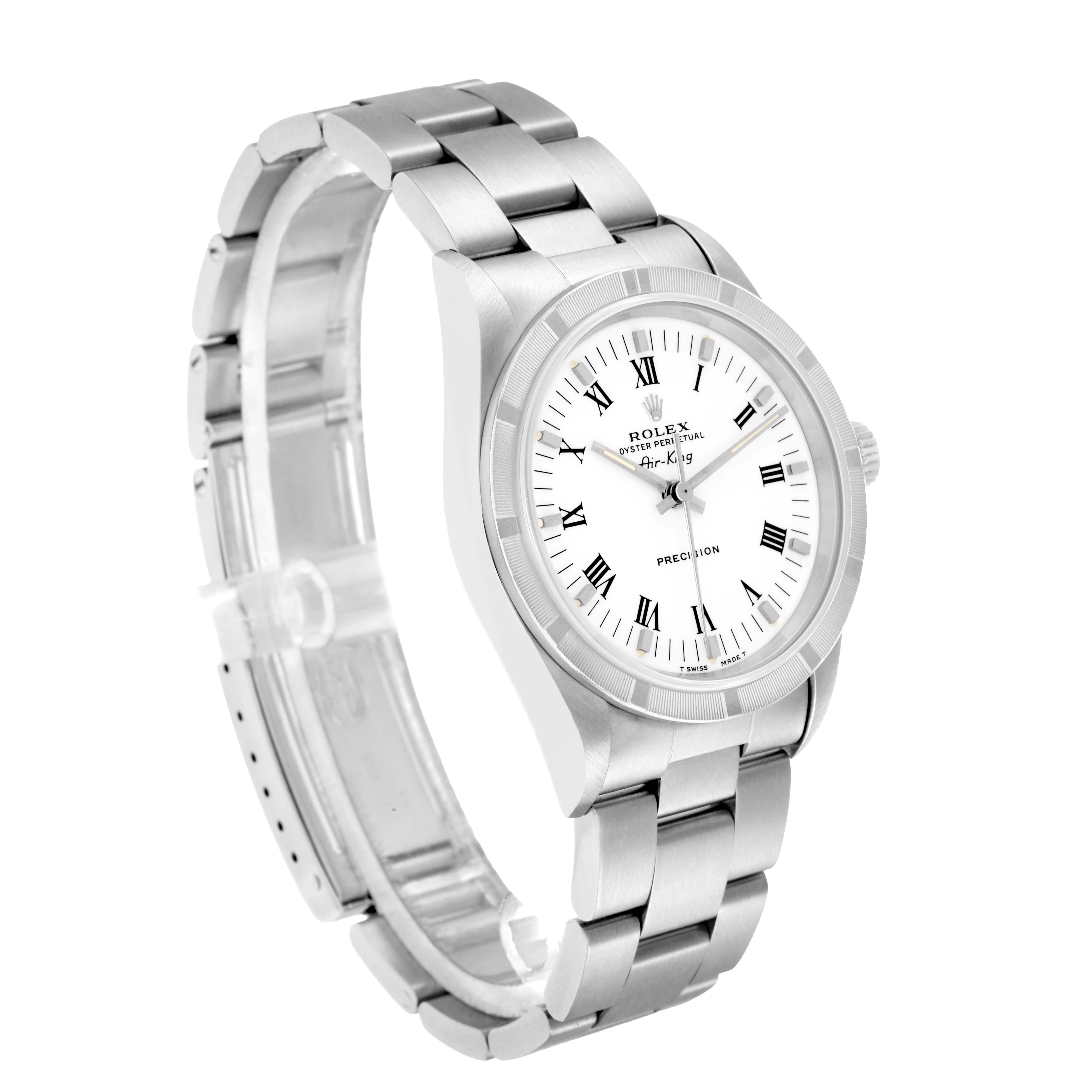 The Rolex Air-King 14010 Men
s Stainless Steel White Dial watch is shown at a three-quarter angle, displaying its bracelet, bezel, and dial clearly.