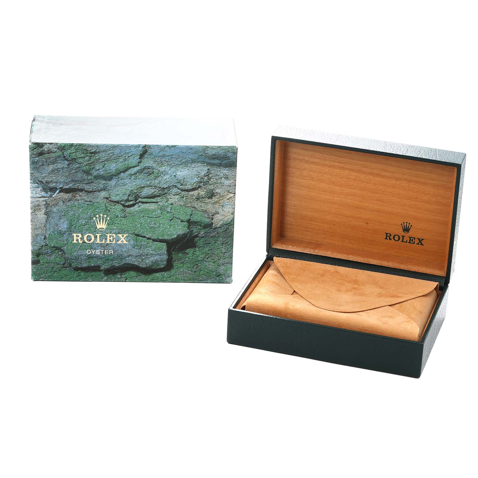 The image shows the packaging for the Rolex Air-King 14010 Men
s Stainless Steel White Dial, featuring an outer box and an open watch case with a pouch.