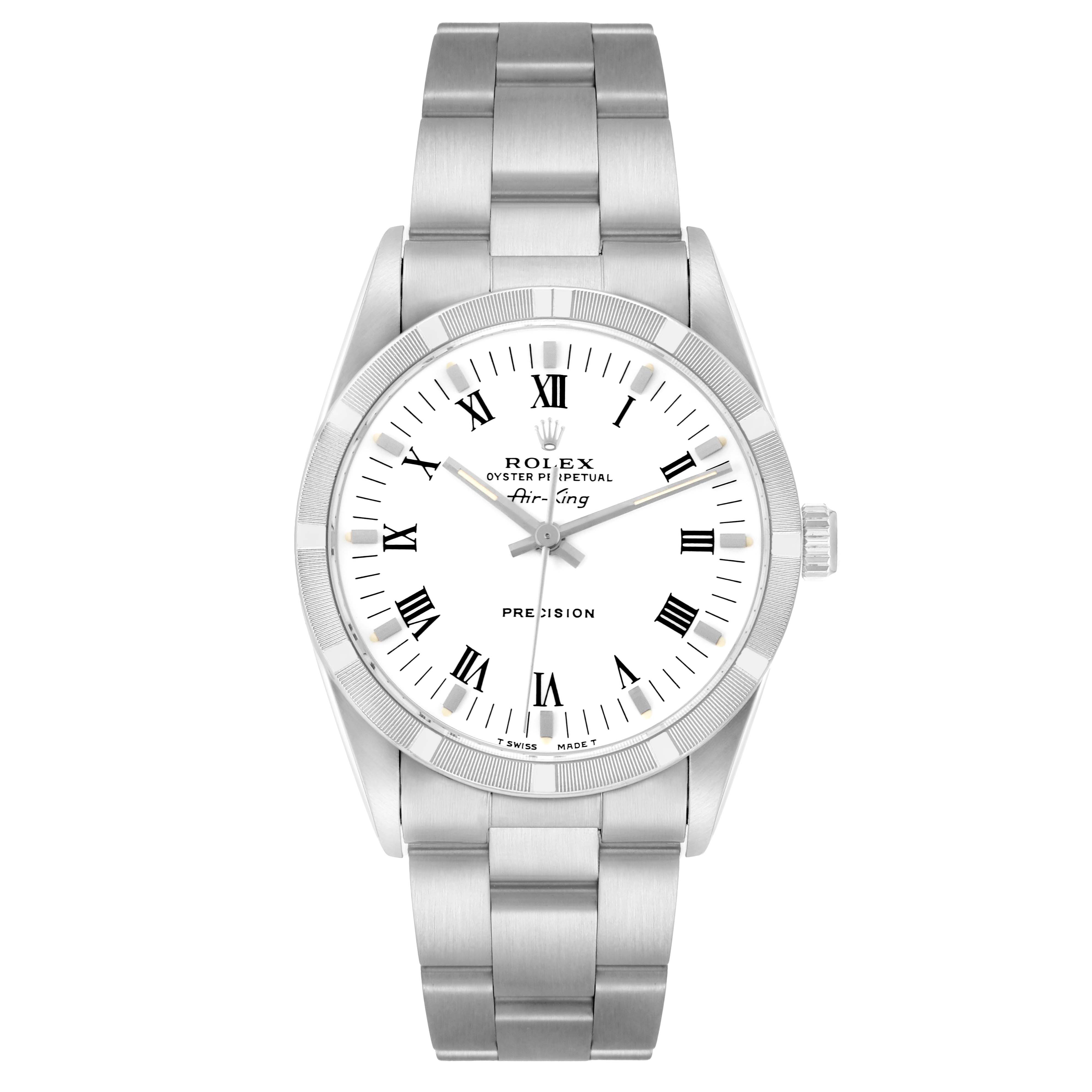 The Rolex Air-King 14010 Men
s Stainless Steel White Dial watch is shown from a front angle, displaying its dial, case, bracelet, and crown.