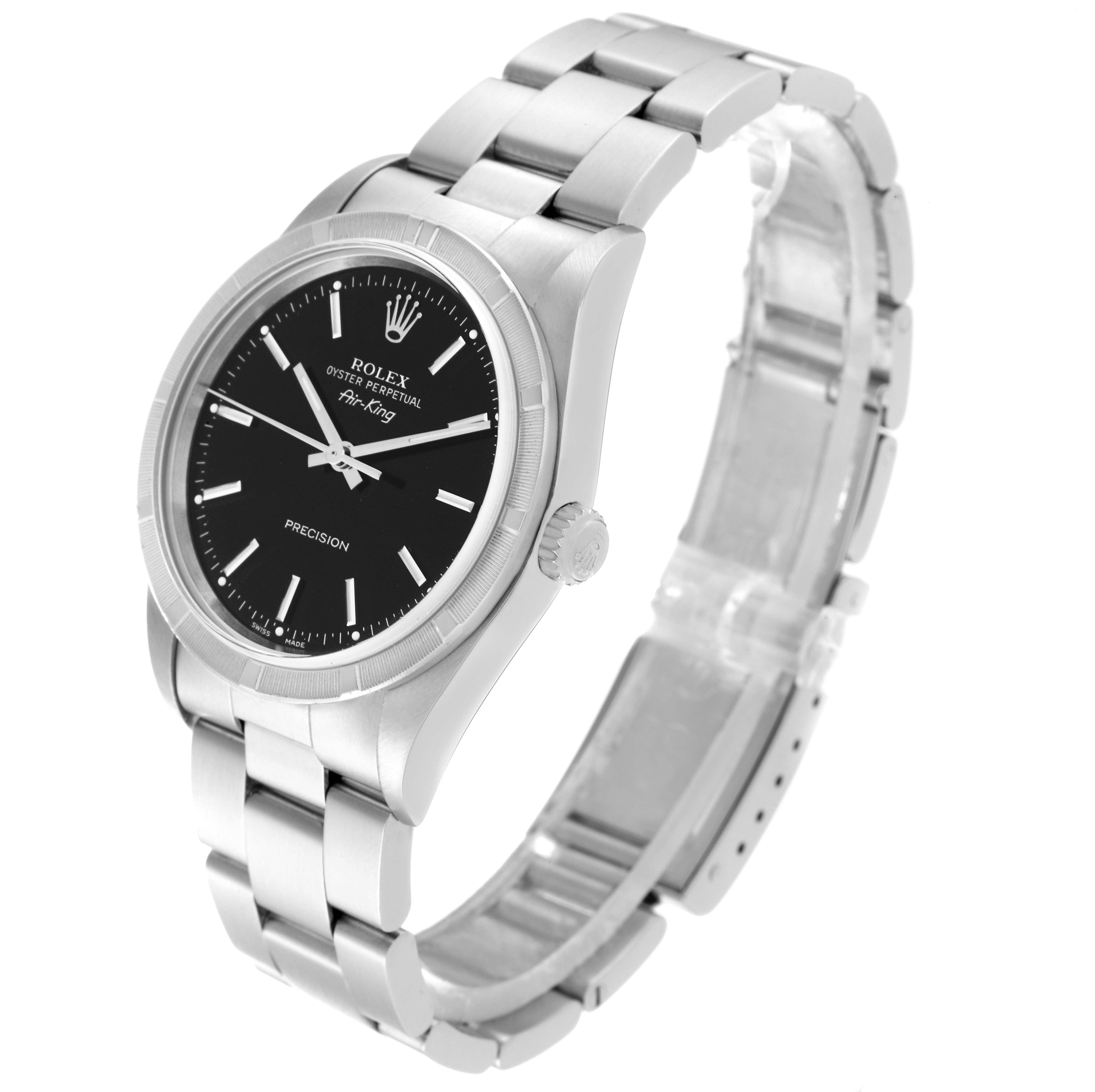 This image shows a Rolex Air-King 14010M Men's Stainless Steel Black Dial 14010M Men's Stainless Steel Black Dial watch at an angled side view, highlighting the face, bezel, crown, and bracelet.