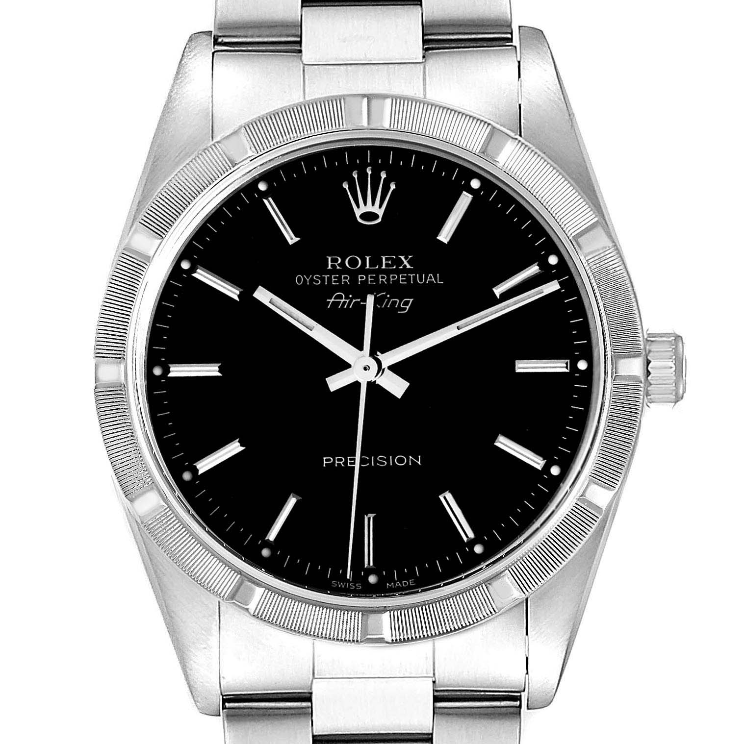 The Rolex Air-King 14010M Men's Stainless Steel Black Dial 14010M Men's Stainless Steel Black Dial model watch is shown from a front angle, highlighting the black dial, bezel, crown, and part of the bracelet.