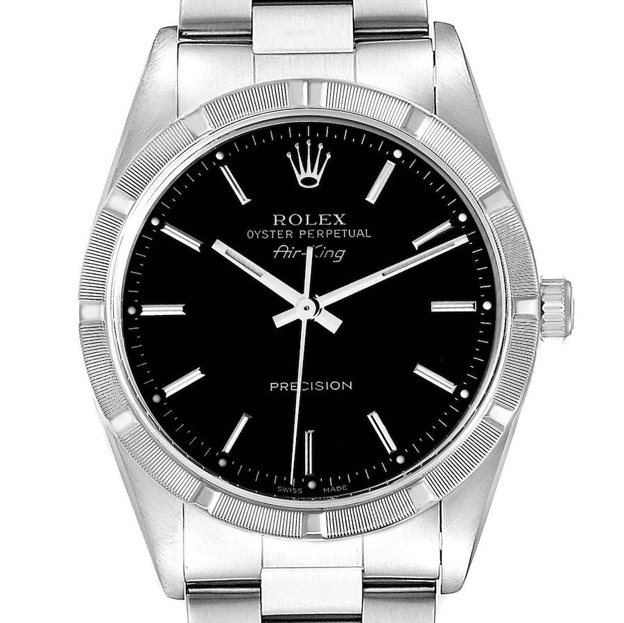 Rolex Air King Engine Turned Bezel Black Dial Steel Mens Watch 14010 SwissWatchExpo