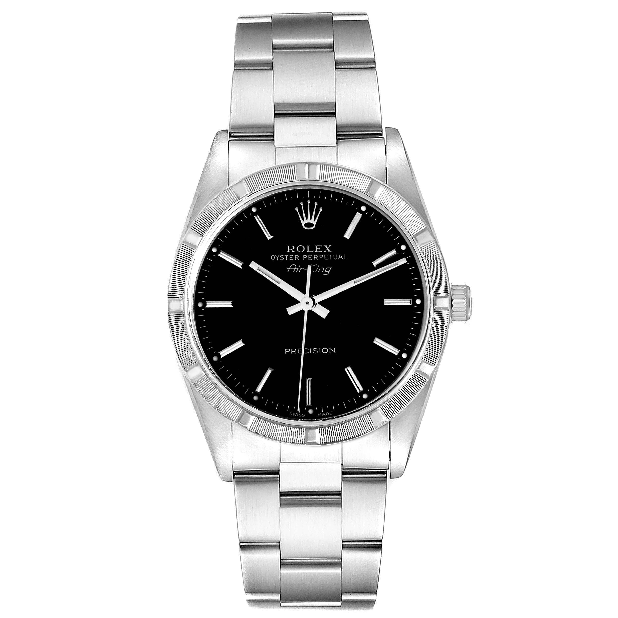This image shows a front view of a Rolex Air-King 14010M Men's Stainless Steel Black Dial 14010M Men's Stainless Steel Black Dial watch featuring a stainless steel case and bracelet with a black dial.
