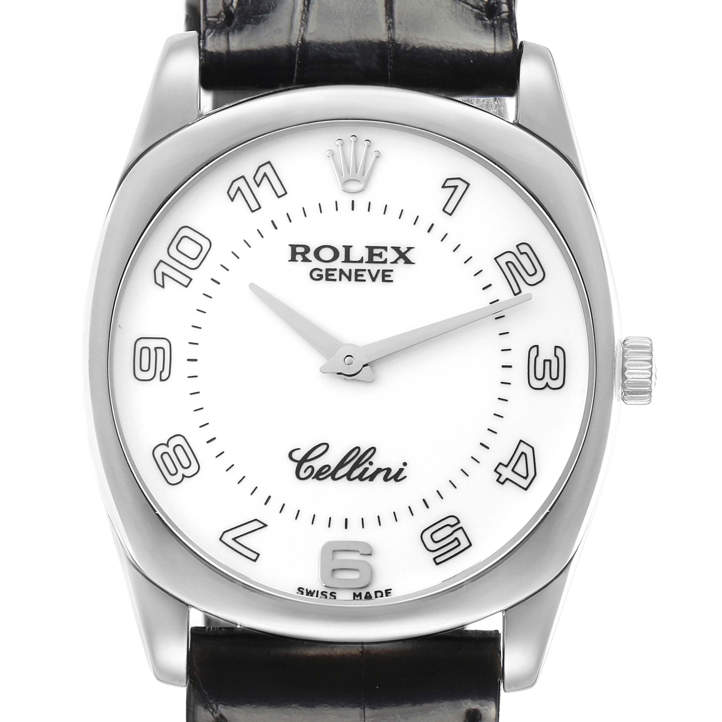 The image shows a Rolex Cellini 4233 Men
s White Gold White Dial watch front-on, highlighting the dial, hands, crown, and leather strap.