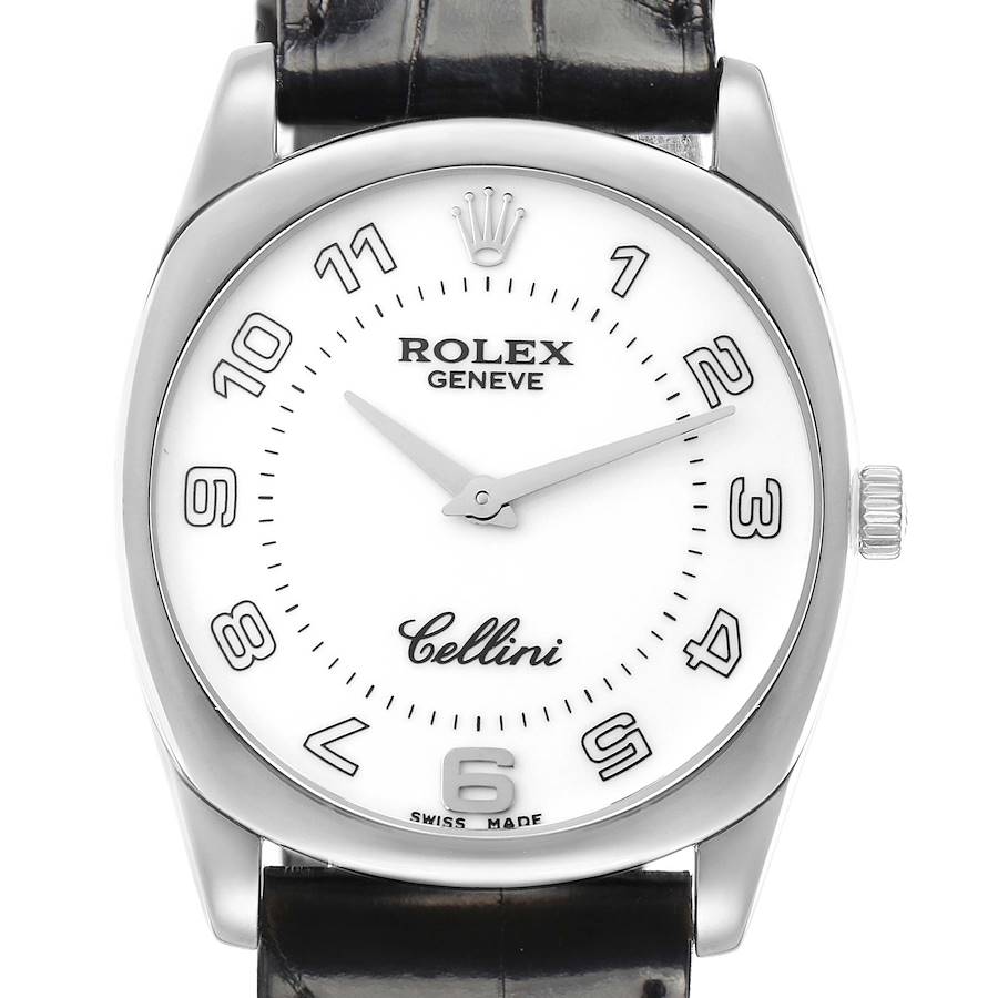 The image shows a Rolex Cellini 4233 Men's White Gold White Dial watch front-on, highlighting the dial, hands, crown, and leather strap.