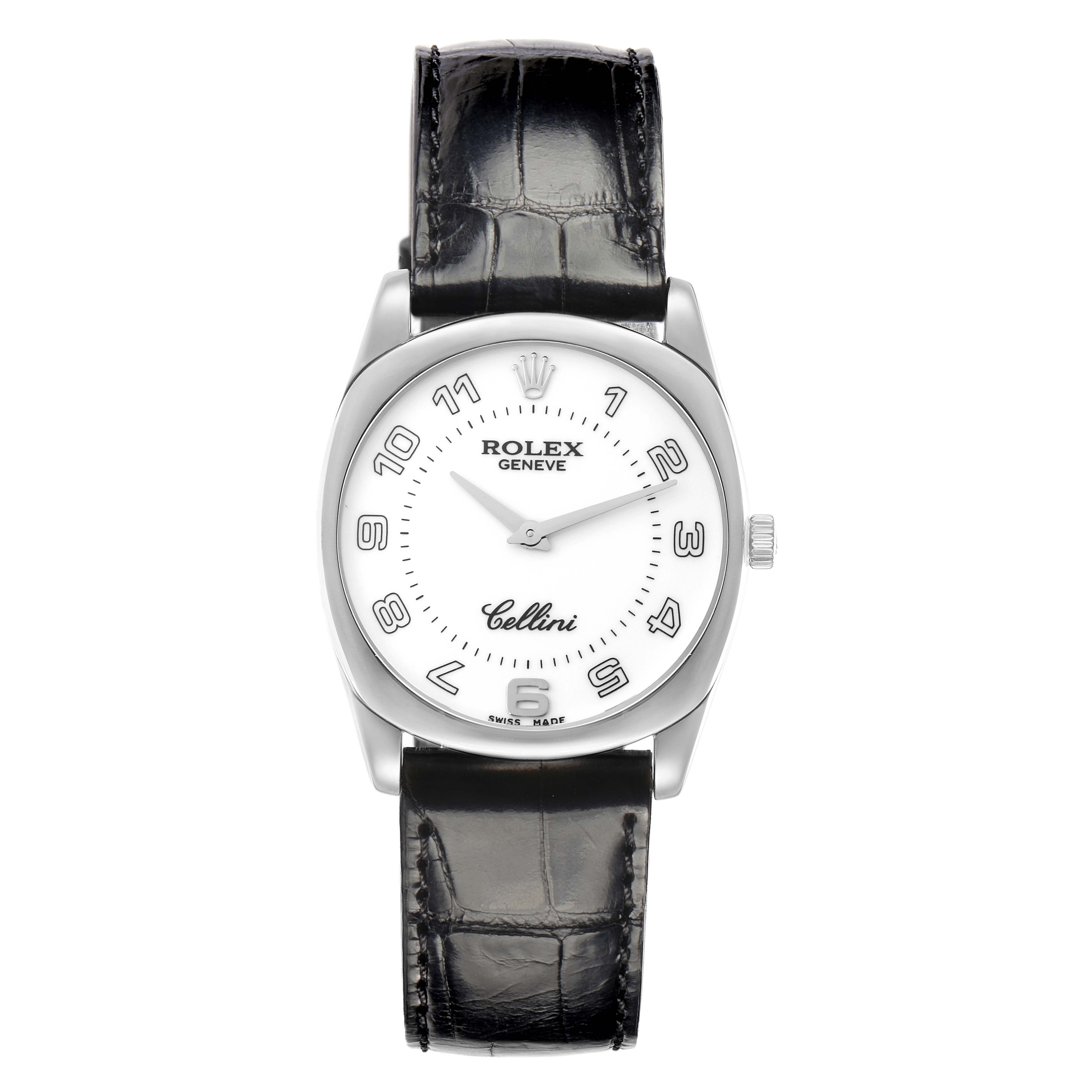 The Rolex Cellini 4233 Men
s White Gold White Dial watch is shown from a front angle, displaying its dial, case, and leather strap.