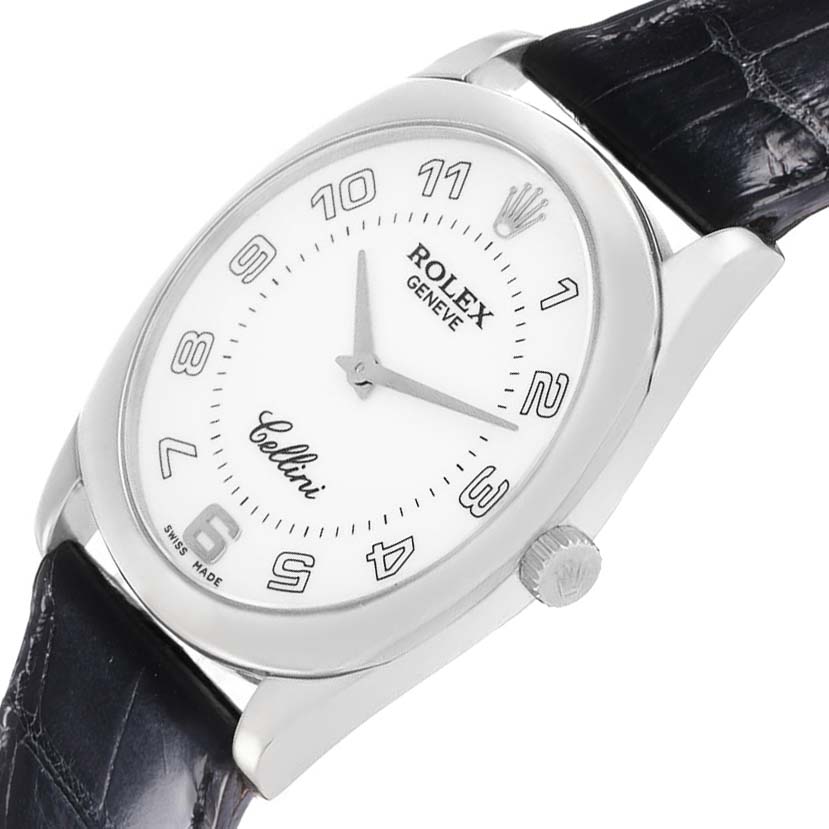 The Rolex Cellini 4233 Men
s White Gold White Dial watch is shown at an angled view, highlighting the face, crown, and part of the leather strap.