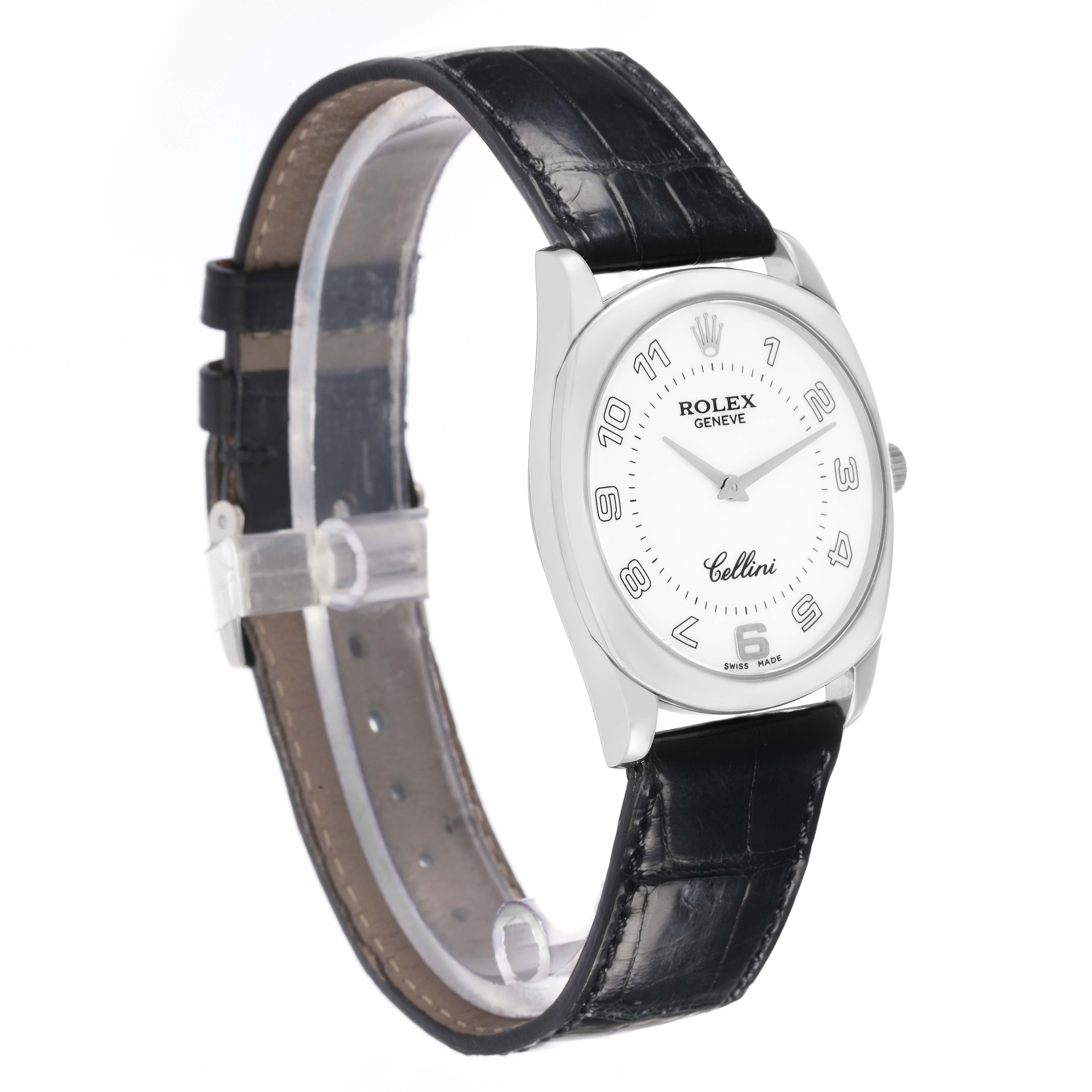 The Rolex Cellini 4233 Men
s White Gold White Dial watch is shown at a three-quarter angle, highlighting the dial and black leather strap.