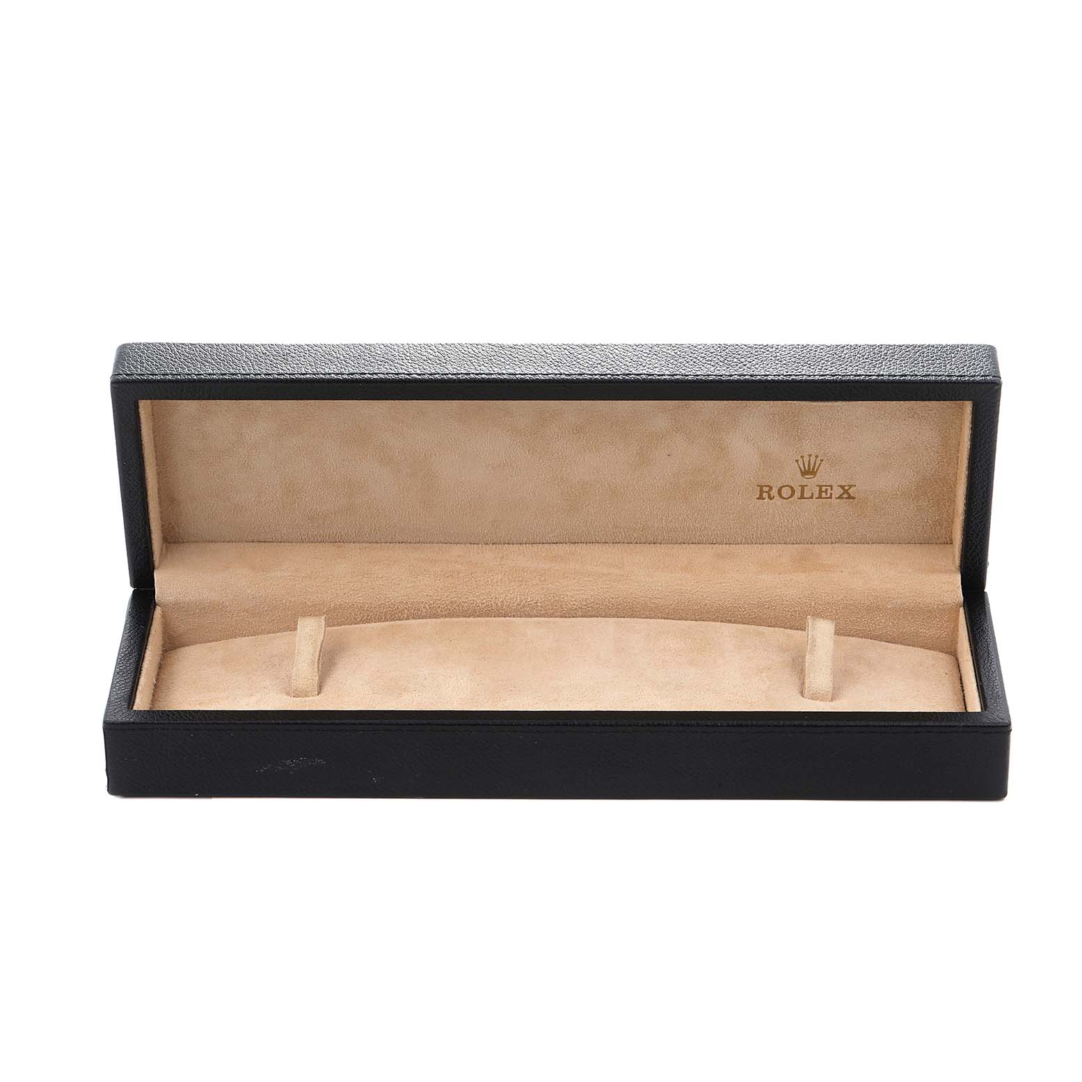 The image shows an open Rolex Cellini 4233 Men
s White Gold White Dial watch box, displaying its interior with the Rolex logo.