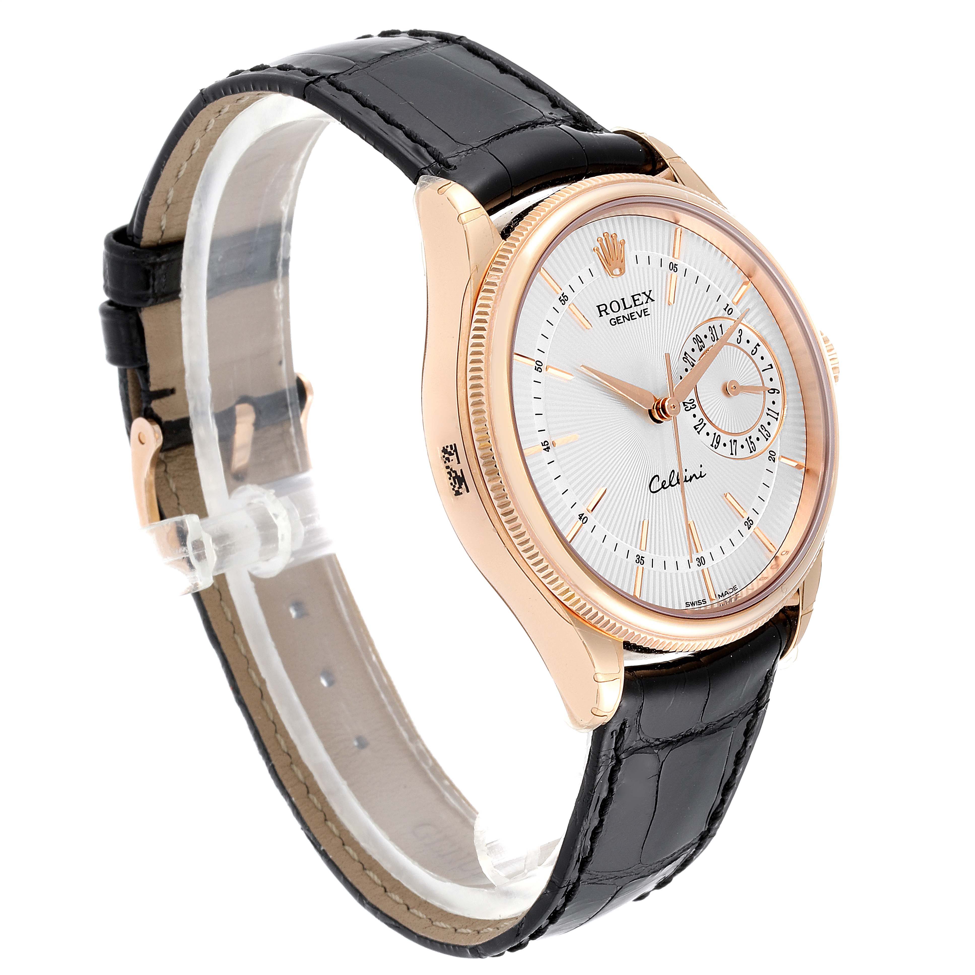 The Rolex Cellini 50515 Men's Rose Gold Silver Dial 50515 Men's Rose Gold Silver Dial watch is shown from a three-quarter angle, displaying its dial, bezel, case, and black leather strap.