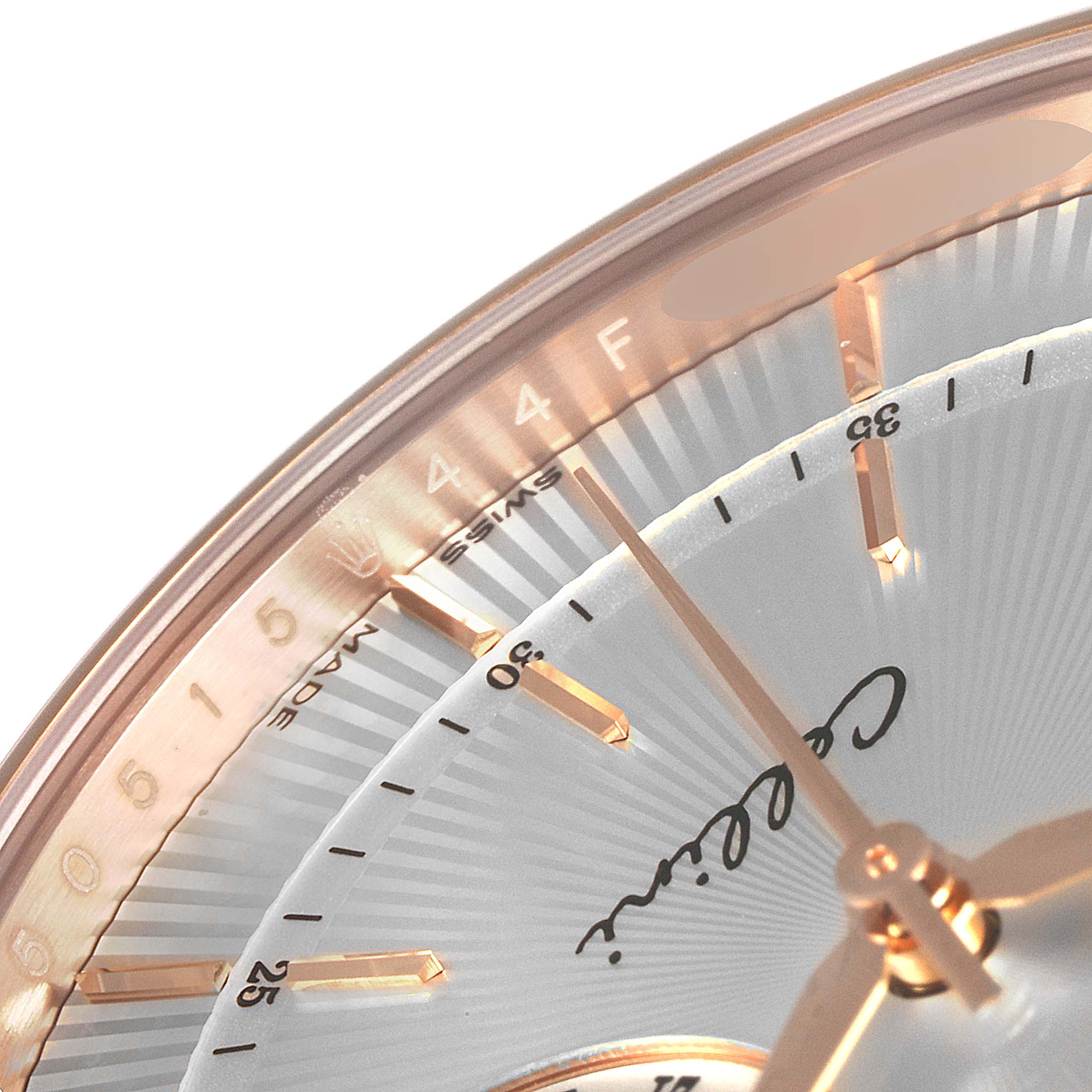 The image shows a close-up of the Rolex Cellini 50515 Men's Rose Gold Silver Dial 50515 Men's Rose Gold Silver Dial watch's face, highlighting the minute markers and the hour hand.
