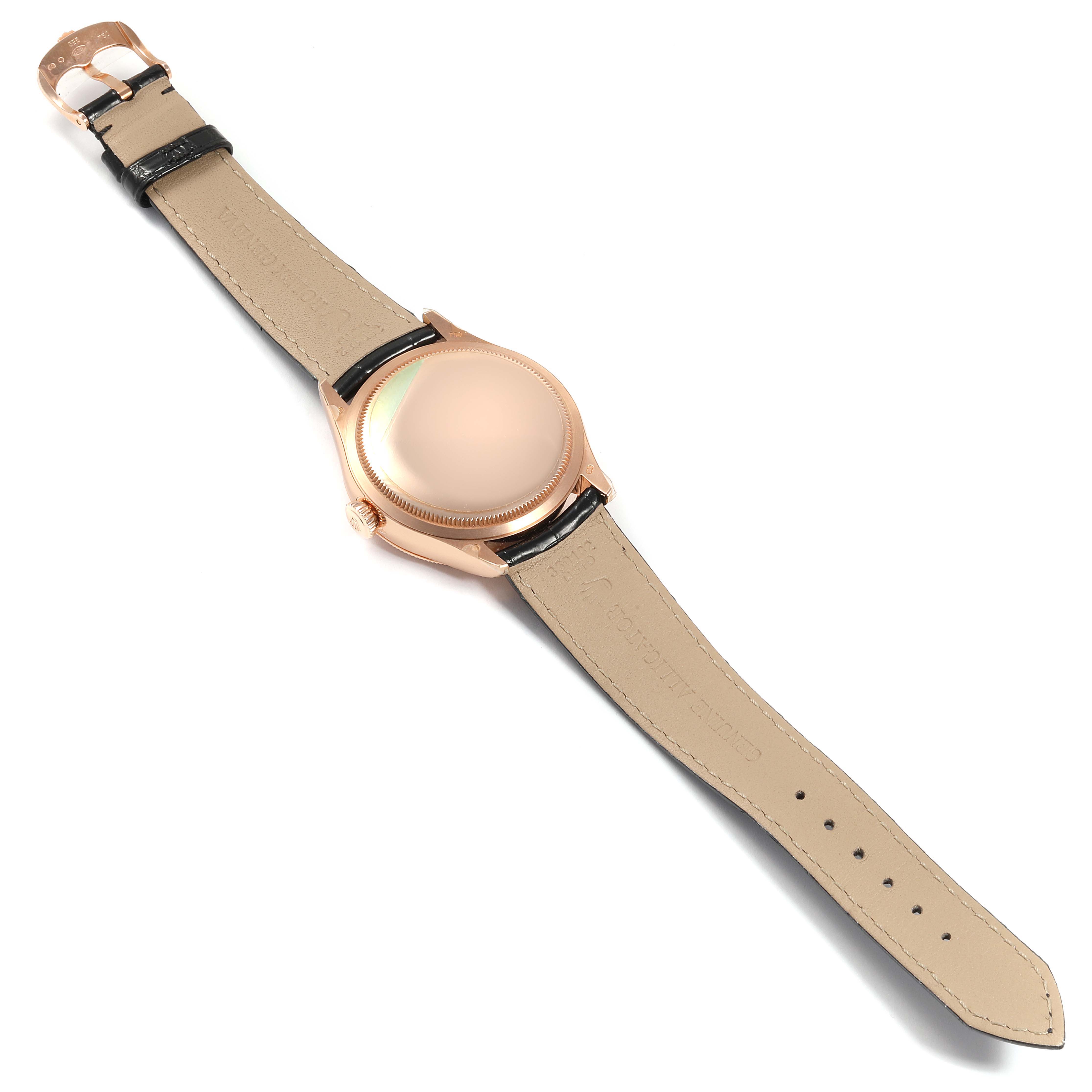 The image shows the back and strap of a Rolex Cellini 50515 Men's Rose Gold Silver Dial 50515 Men's Rose Gold Silver Dial watch laid flat, viewed from above.