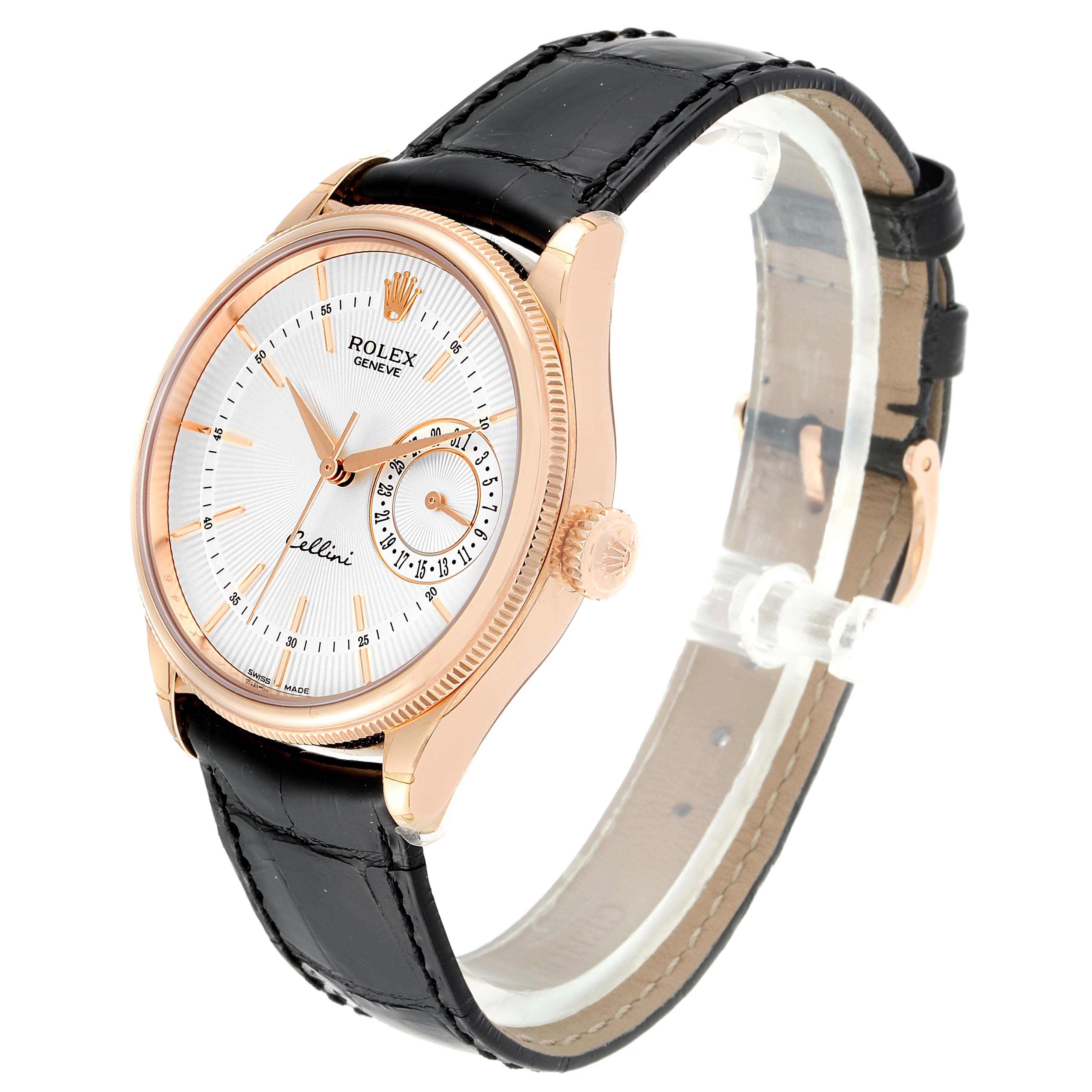 The image shows a Rolex Cellini 50515 Men's Rose Gold Silver Dial 50515 Men's Rose Gold Silver Dial watch at an angle displaying its face, crown, strap, and buckle.