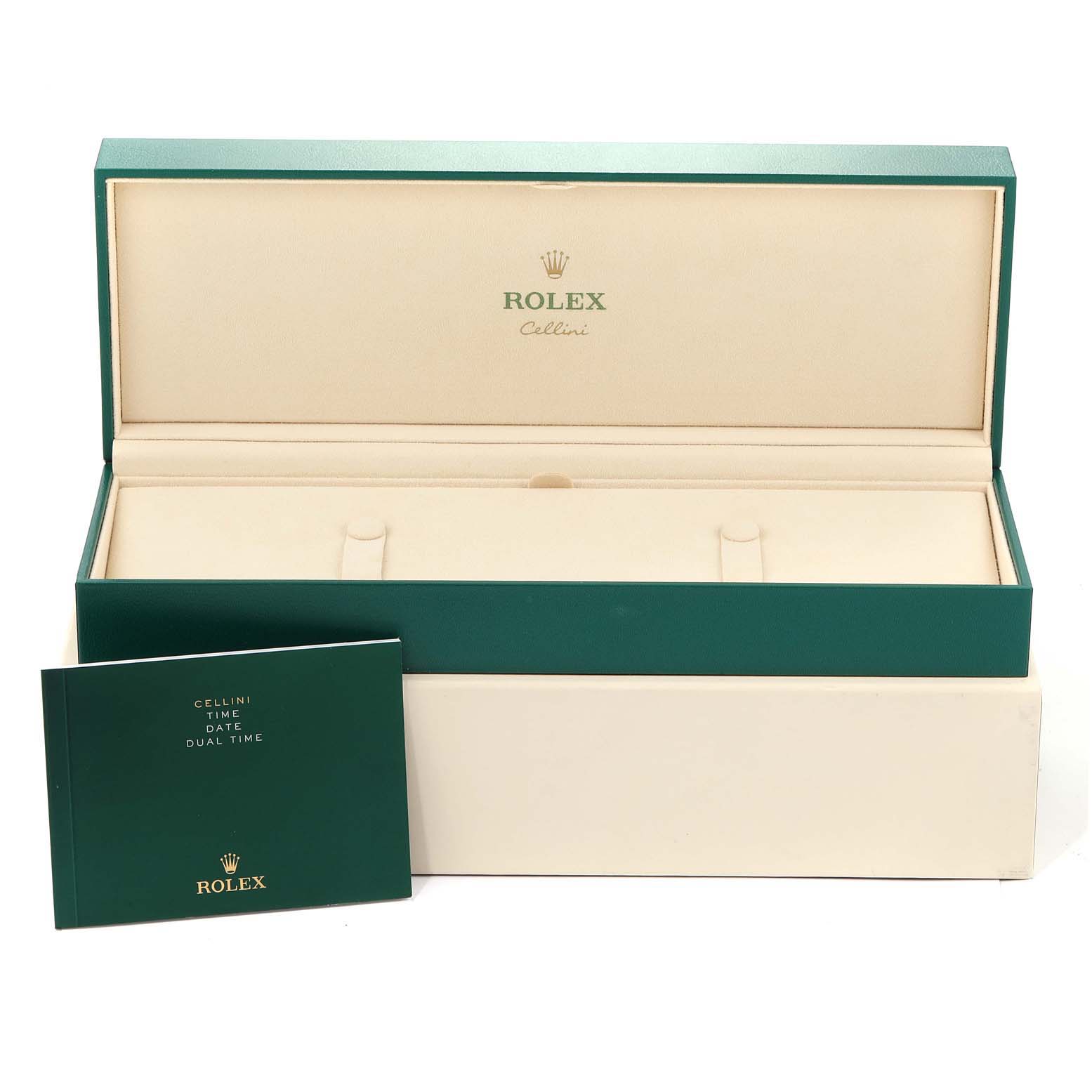 The image shows an open Rolex Cellini 50515 Men's Rose Gold Silver Dial 50515 Men's Rose Gold Silver Dial watch box and its accompanying instruction manual.