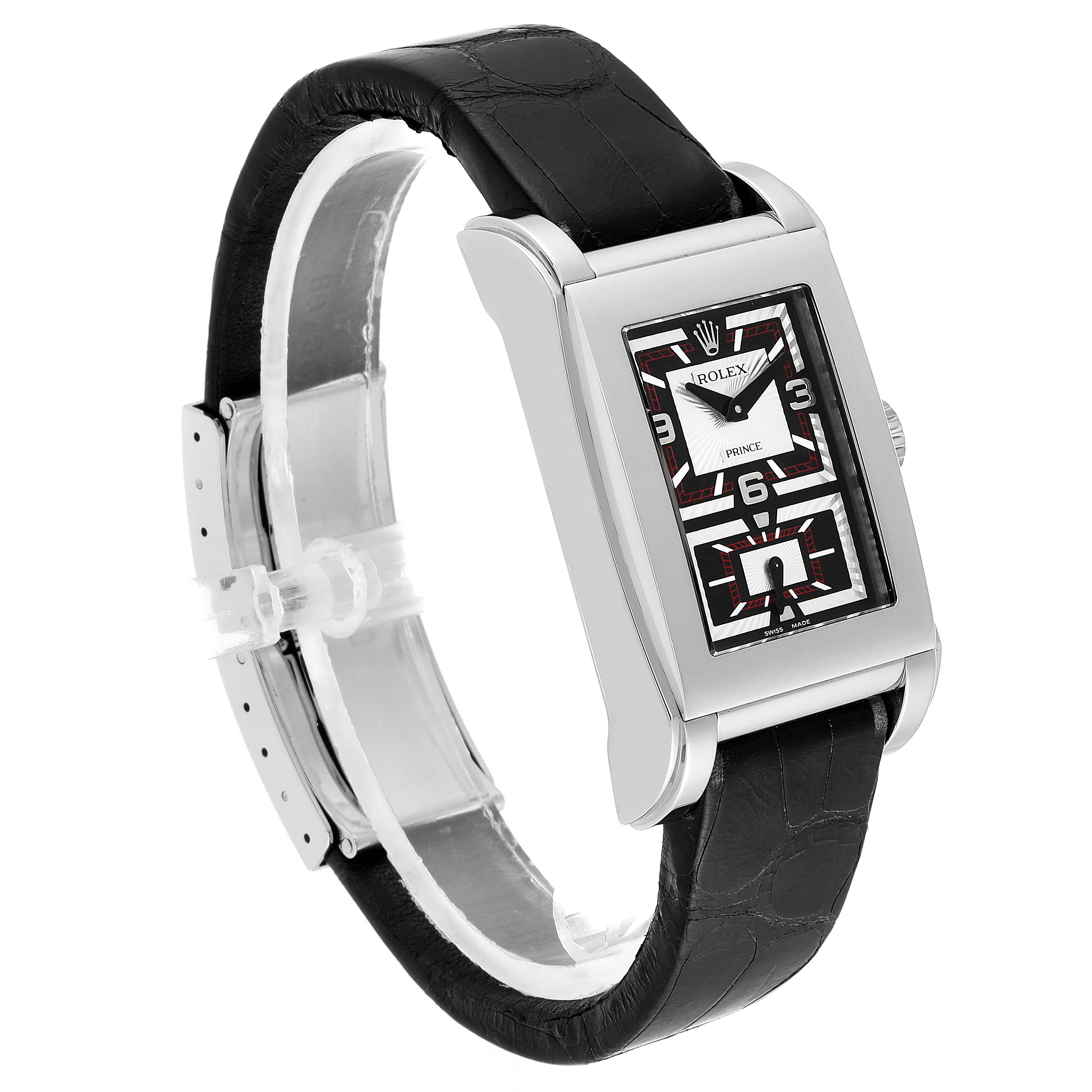 The image shows a Rolex Cellini 5443/9 Men's White Gold Black Dial 5443/9 Men's White Gold Black Dial watch at an oblique angle displaying the rectangular face and black leather strap.