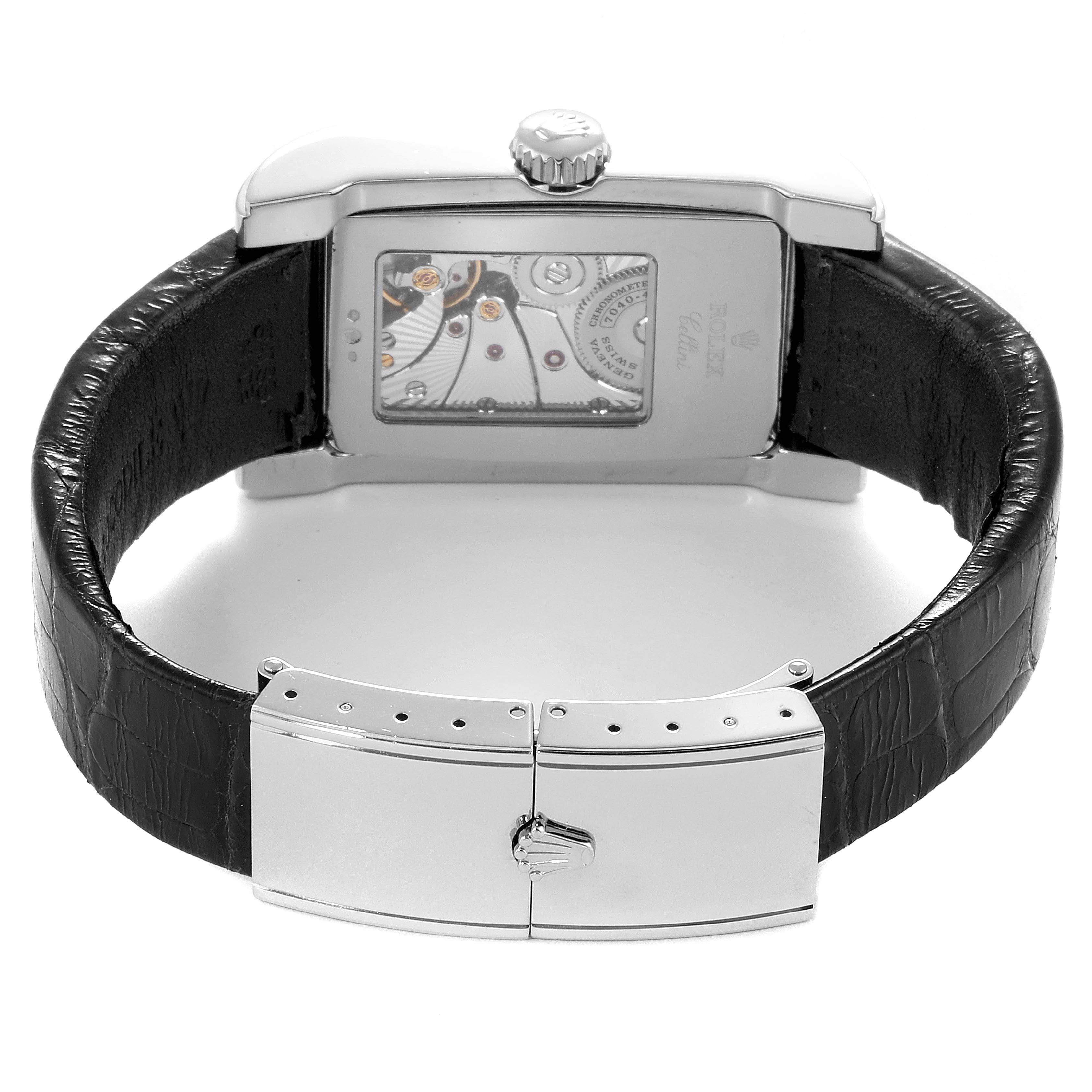 The image shows the back view of a Rolex Cellini 5443/9 Men's White Gold Black Dial 5443/9 Men's White Gold Black Dial watch, displaying its mechanical movement and black leather strap with clasp.