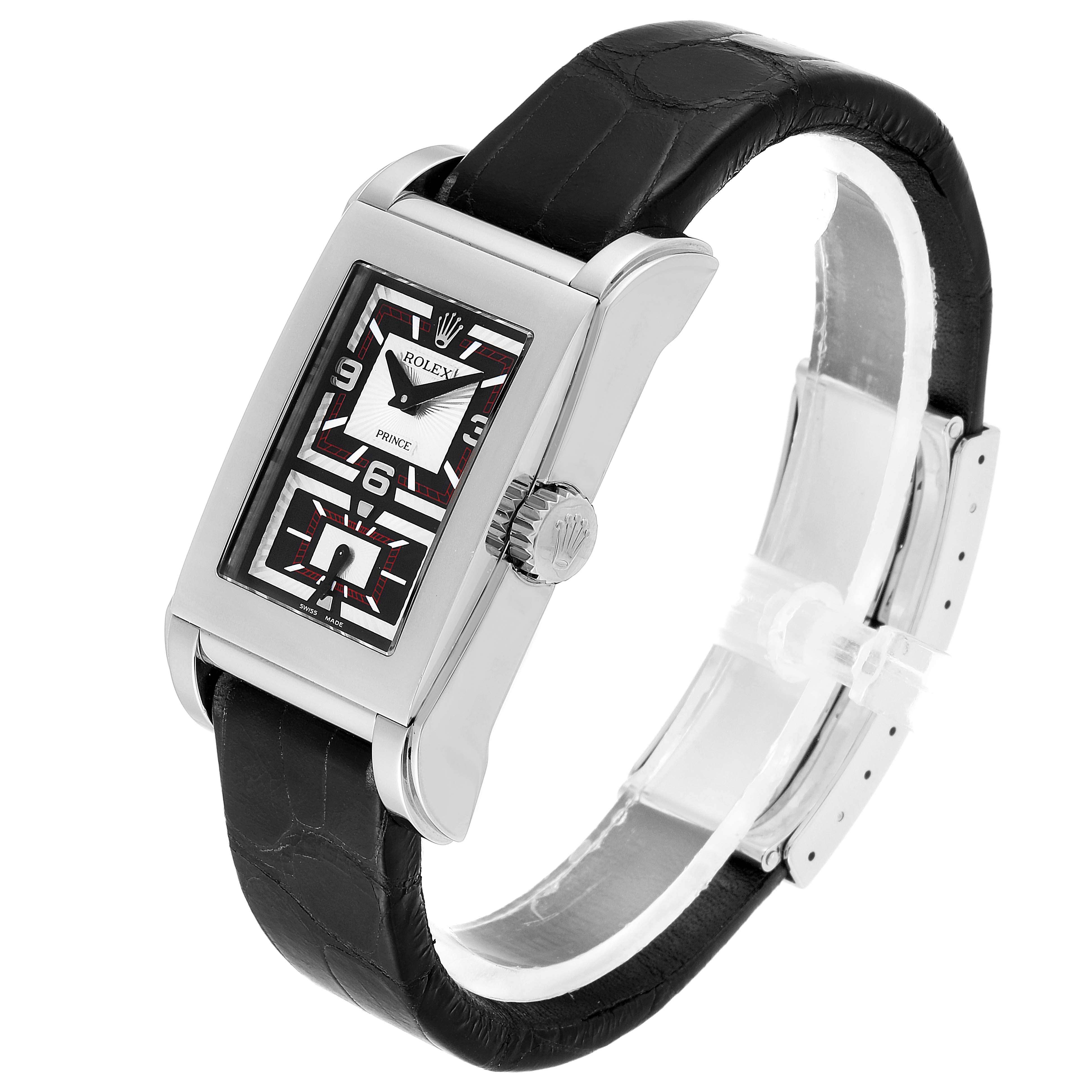 The image shows a Rolex Cellini 5443/9 Men's White Gold Black Dial 5443/9 Men's White Gold Black Dial model watch at a three-quarter angle, highlighting its dial, crown, and black leather strap.