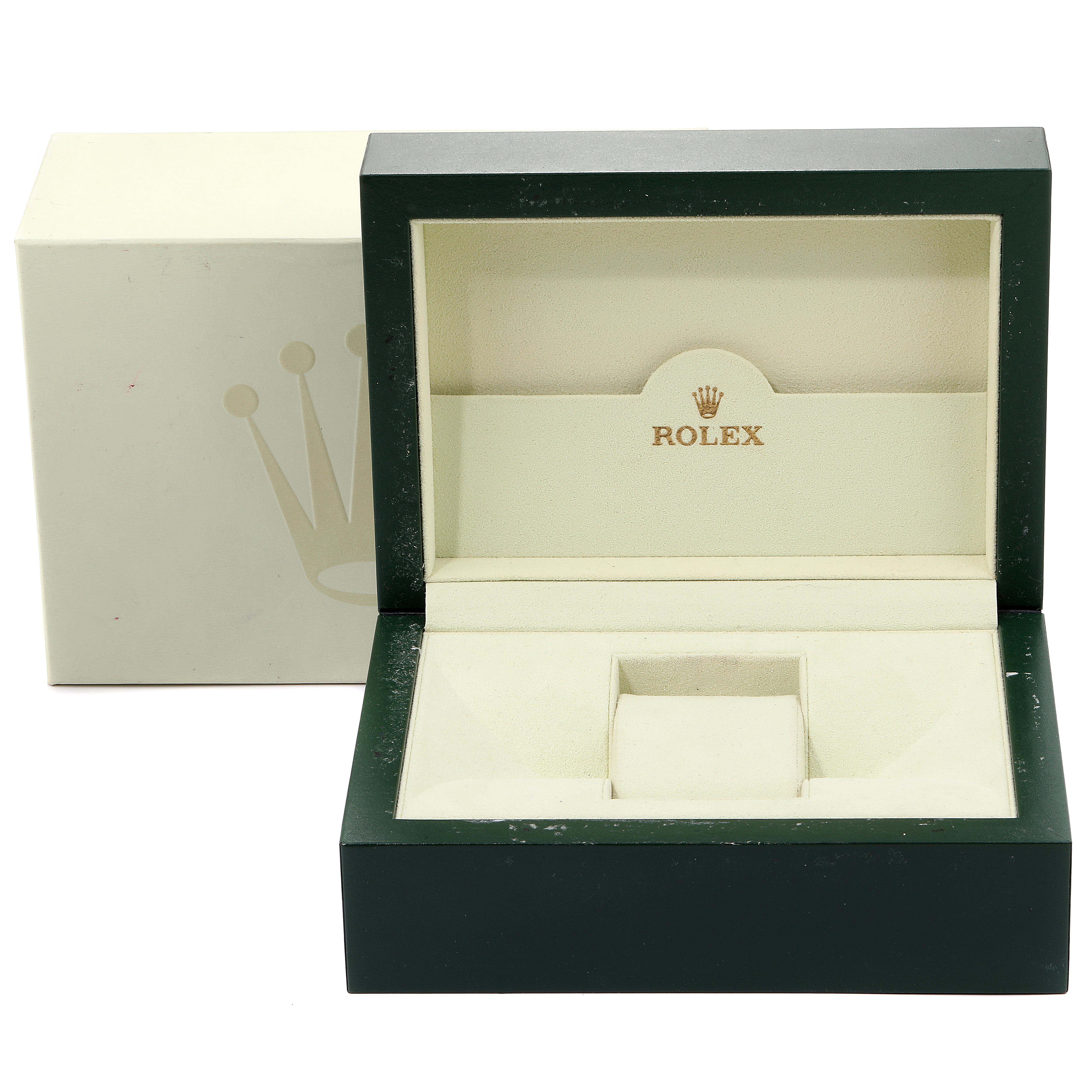 The image shows an open Rolex Cellini 5443/9 Men's White Gold Black Dial 5443/9 Men's White Gold Black Dial watch box with a cream interior and green exterior, plus the outer box.