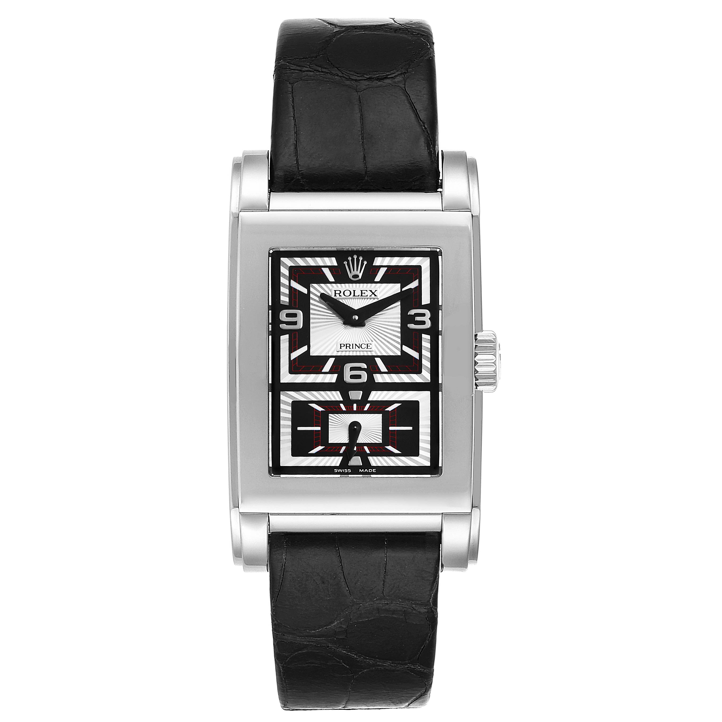 The image shows a front view of the Rolex Cellini 5443/9 Men's White Gold Black Dial 5443/9 Men's White Gold Black Dial Prince watch, displaying its dial, case, crown, and leather strap.