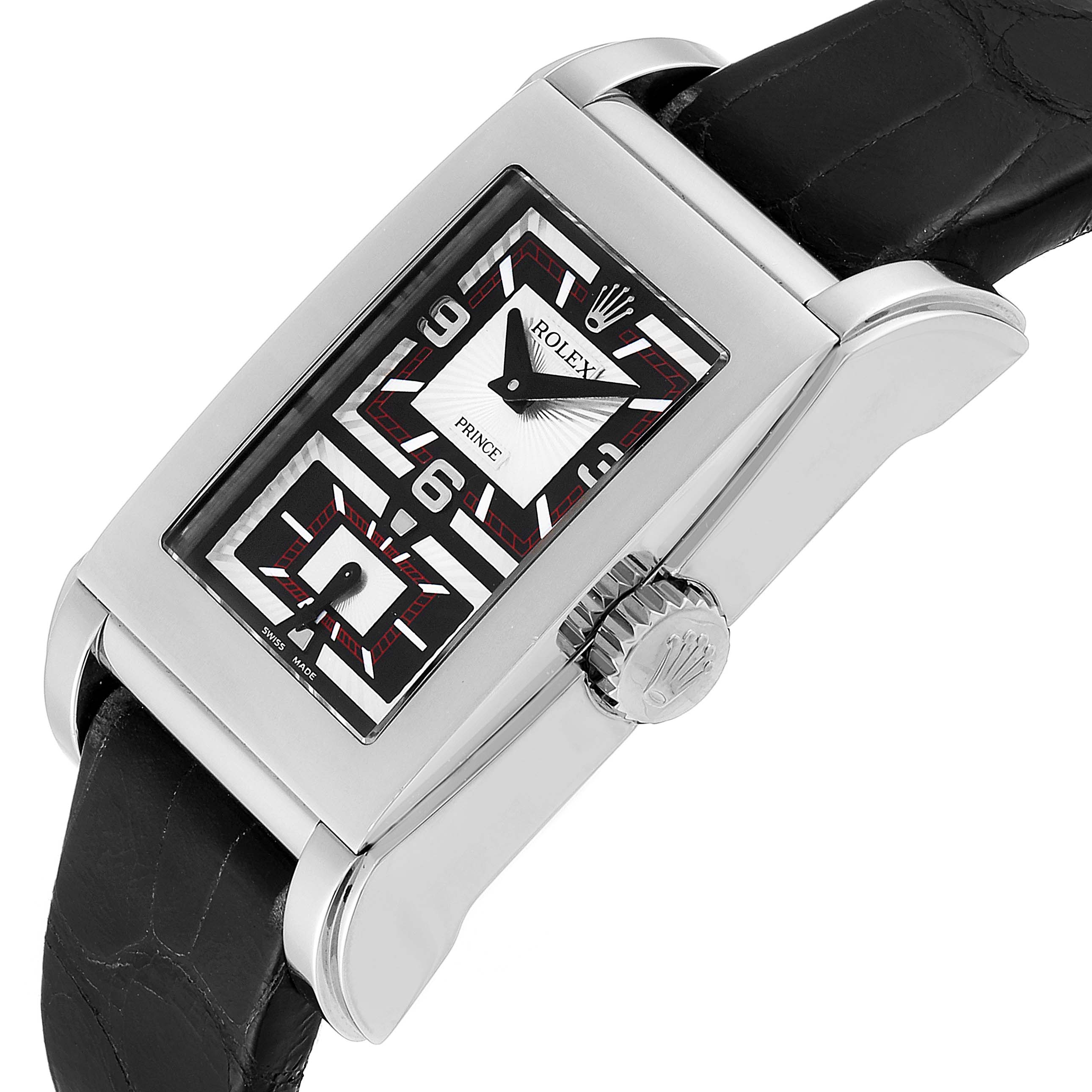 The image shows a close-up side-angle view of a Rolex Cellini 5443/9 Men's White Gold Black Dial 5443/9 Men's White Gold Black Dial Prince watch with a rectangular face and black leather strap.