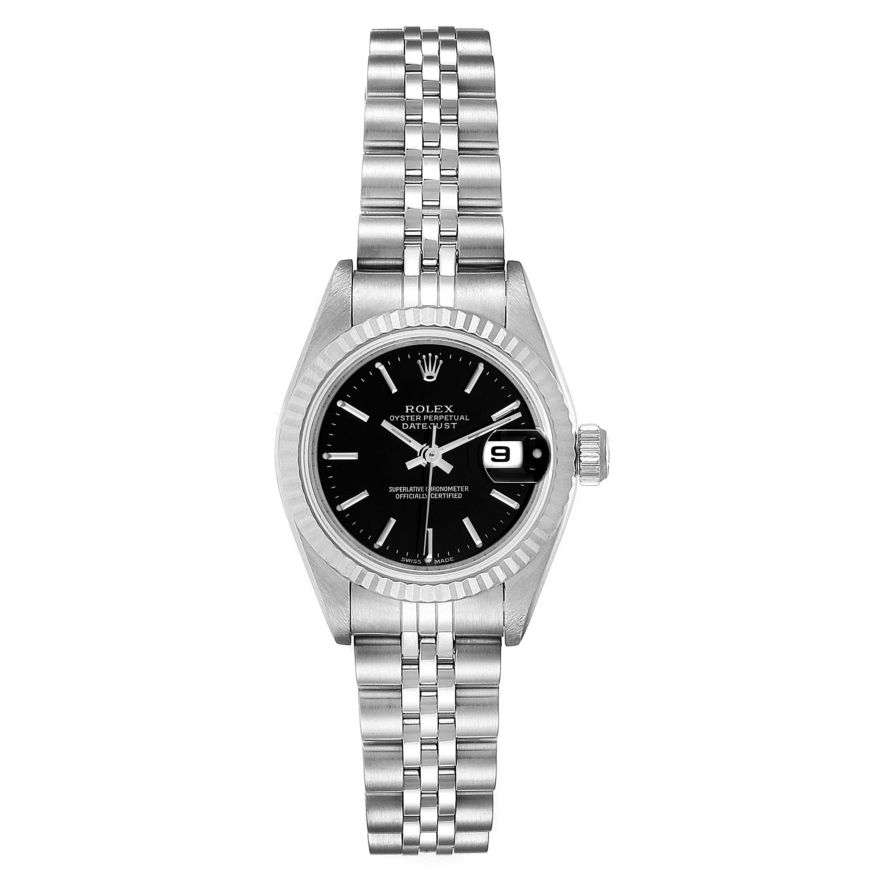 This image shows a Rolex Datejust 79174 Women's Stainless Steel Black Dial 79174 Women's Stainless Steel Black Dial watch from a front angle, displaying its black dial, date window, and Jubilee bracelet.