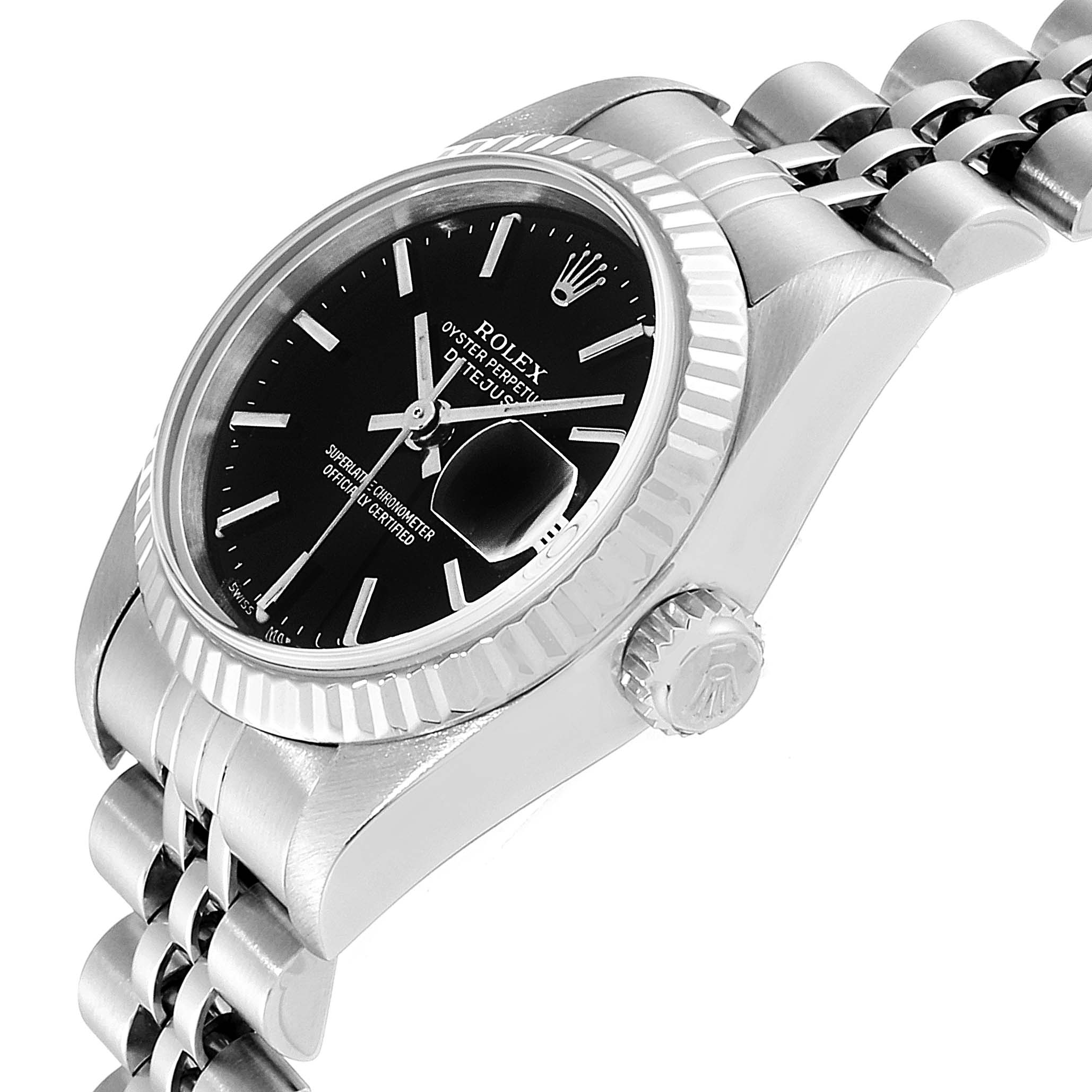 The Rolex Datejust 79174 Women's Stainless Steel Black Dial 79174 Women's Stainless Steel Black Dial watch is shown from a side angle, highlighting the bezel, crown, and part of the bracelet.