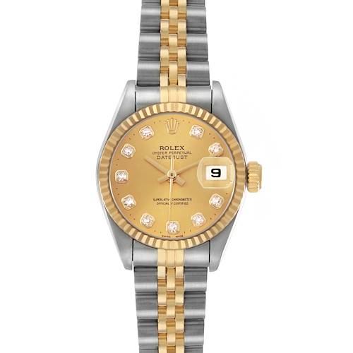 The image shows a Rolex Datejust 69173 Women's Steel and Gold (two tone) Champagne Dial watch from the front, highlighting its two-tone bracelet, gold dial, and date feature.