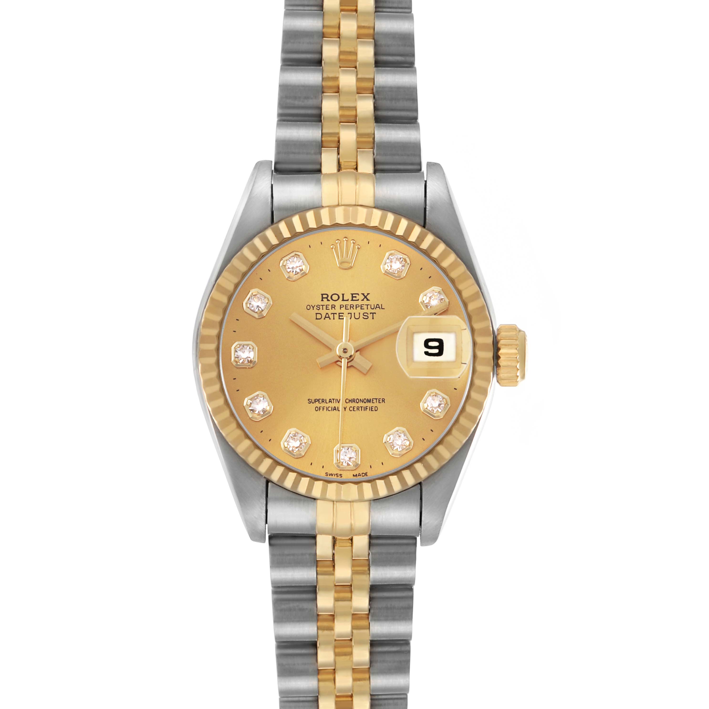 The Rolex Datejust 69173 Women's Steel and Gold (two tone) Champagne Dial watch is shown from a front view, highlighting the gold and silver Jubilee bracelet and diamond hour markers.