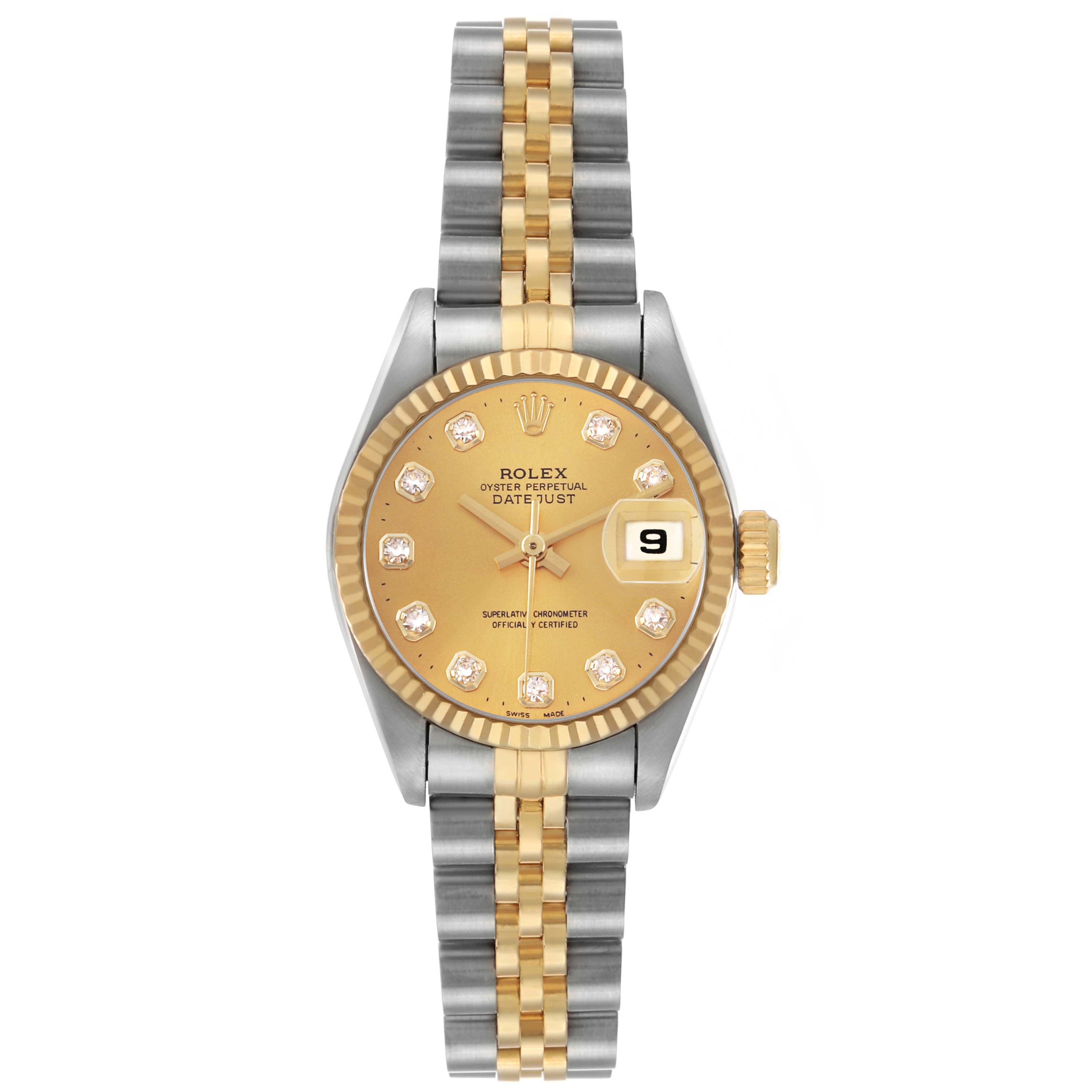 The Rolex Datejust 69173 Women's Steel and Gold (two tone) Champagne Dial watch is shown from a top-down angle, displaying the dial, bezel, crown, and bracelet.