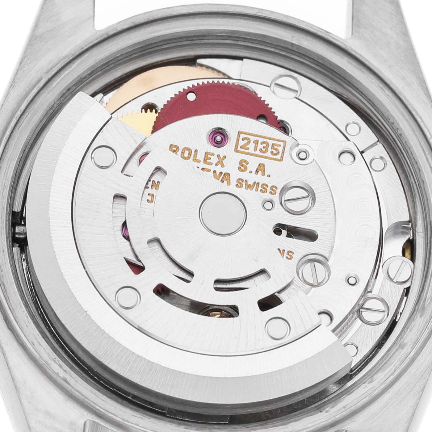 The image shows the internal movement of a Rolex Datejust 69173 Women's Steel and Gold (two tone) Champagne Dial viewed from the back, revealing the rotor and intricate mechanisms.