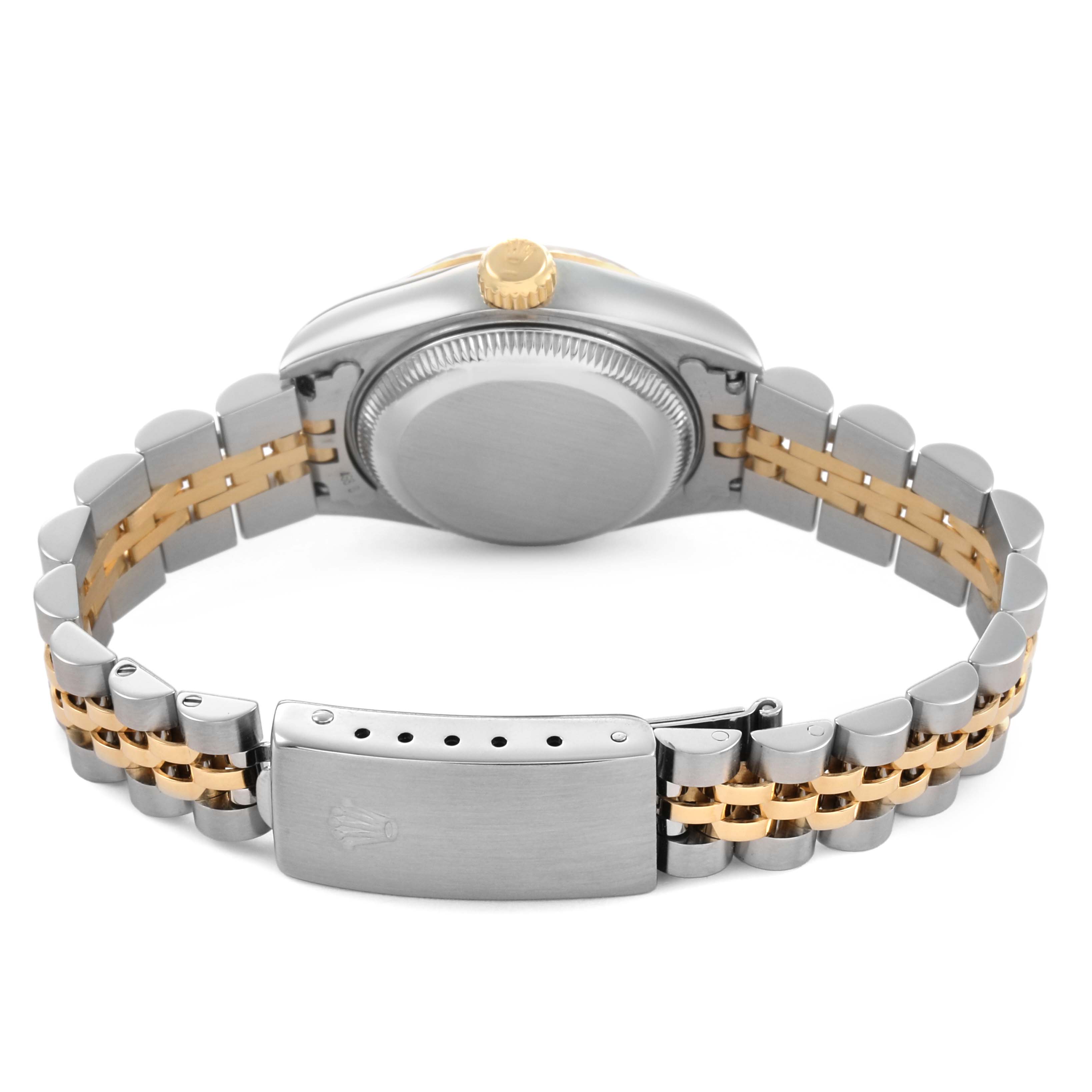 The image shows the back of a Rolex Datejust 69173 Women's Steel and Gold (two tone) Champagne Dial watch, highlighting the case, crown, and two-tone bracelet with a visible clasp.