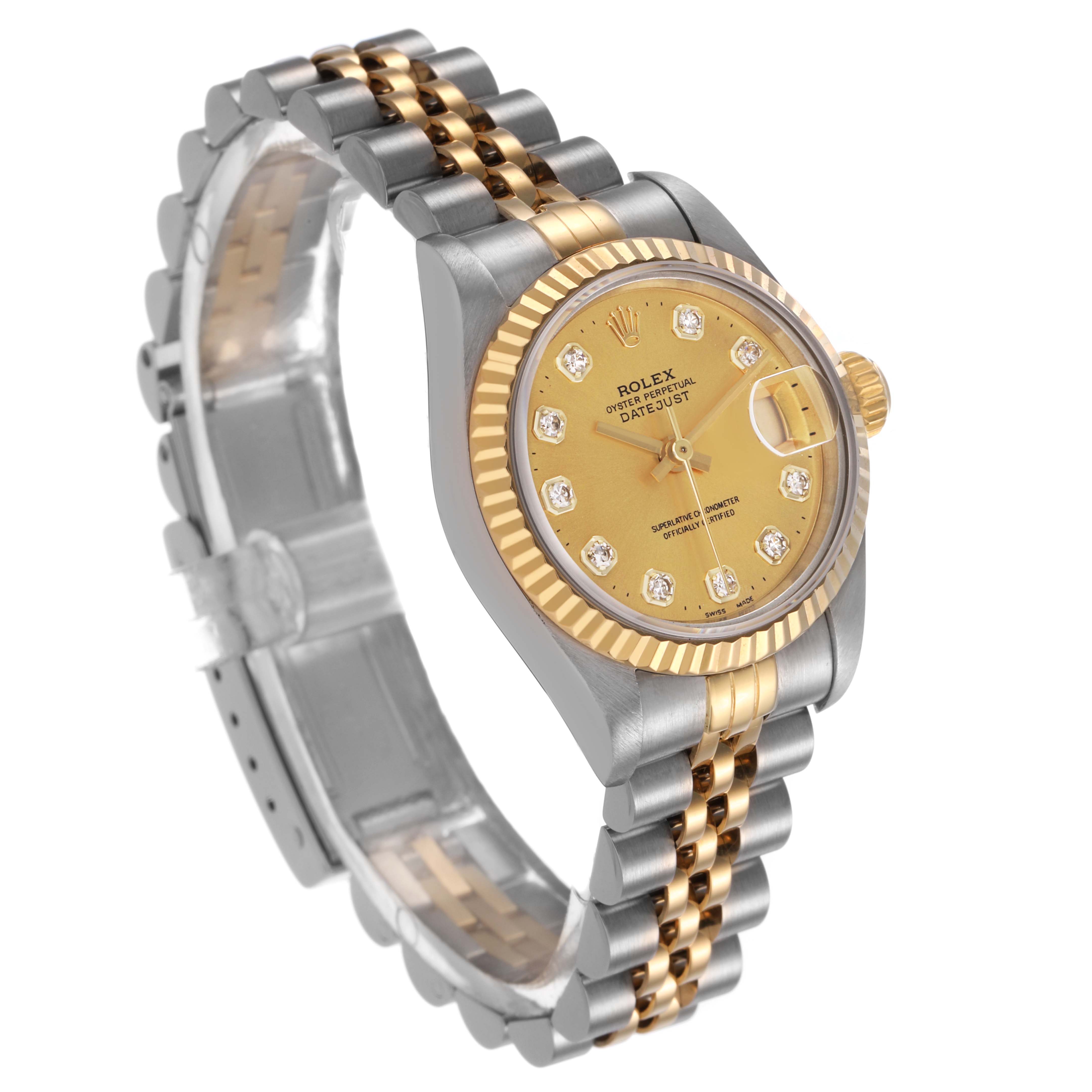 The Rolex Datejust 69173 Women's Steel and Gold (two tone) Champagne Dial watch is shown at an angled side view, highlighting its two-tone bracelet and gold fluted bezel.