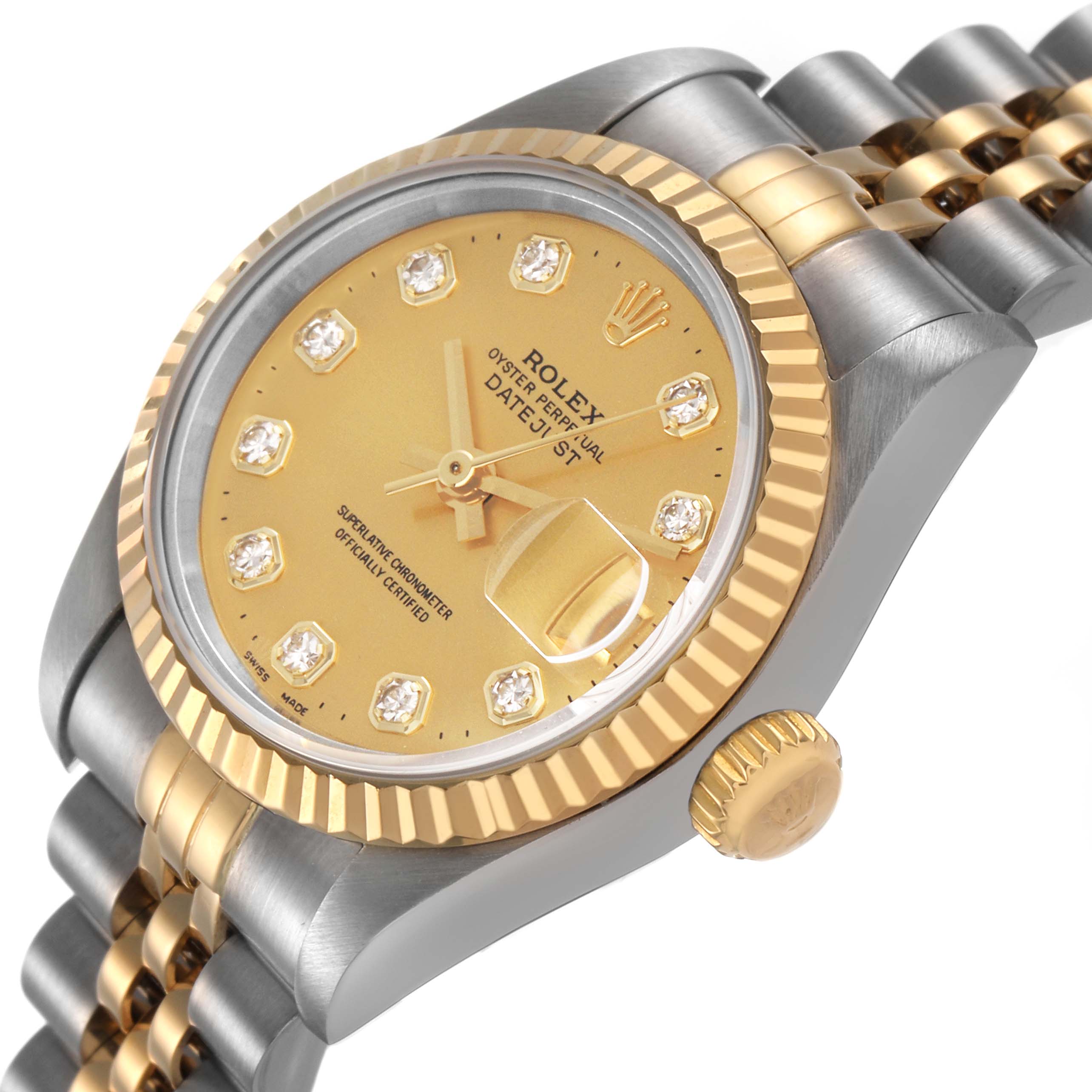 The Rolex Datejust 69173 Women's Steel and Gold (two tone) Champagne Dial watch is shown at a slight angle, highlighting its gold and silver band, fluted bezel, and crown.