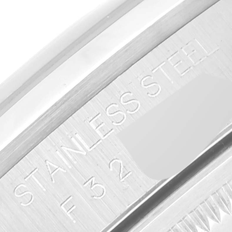 This close-up image shows the engraving on the stainless steel case back of a Rolex Datejust 16200 Men's Stainless Steel Silver Dial 16200 Men's Stainless Steel Silver Dial watch.