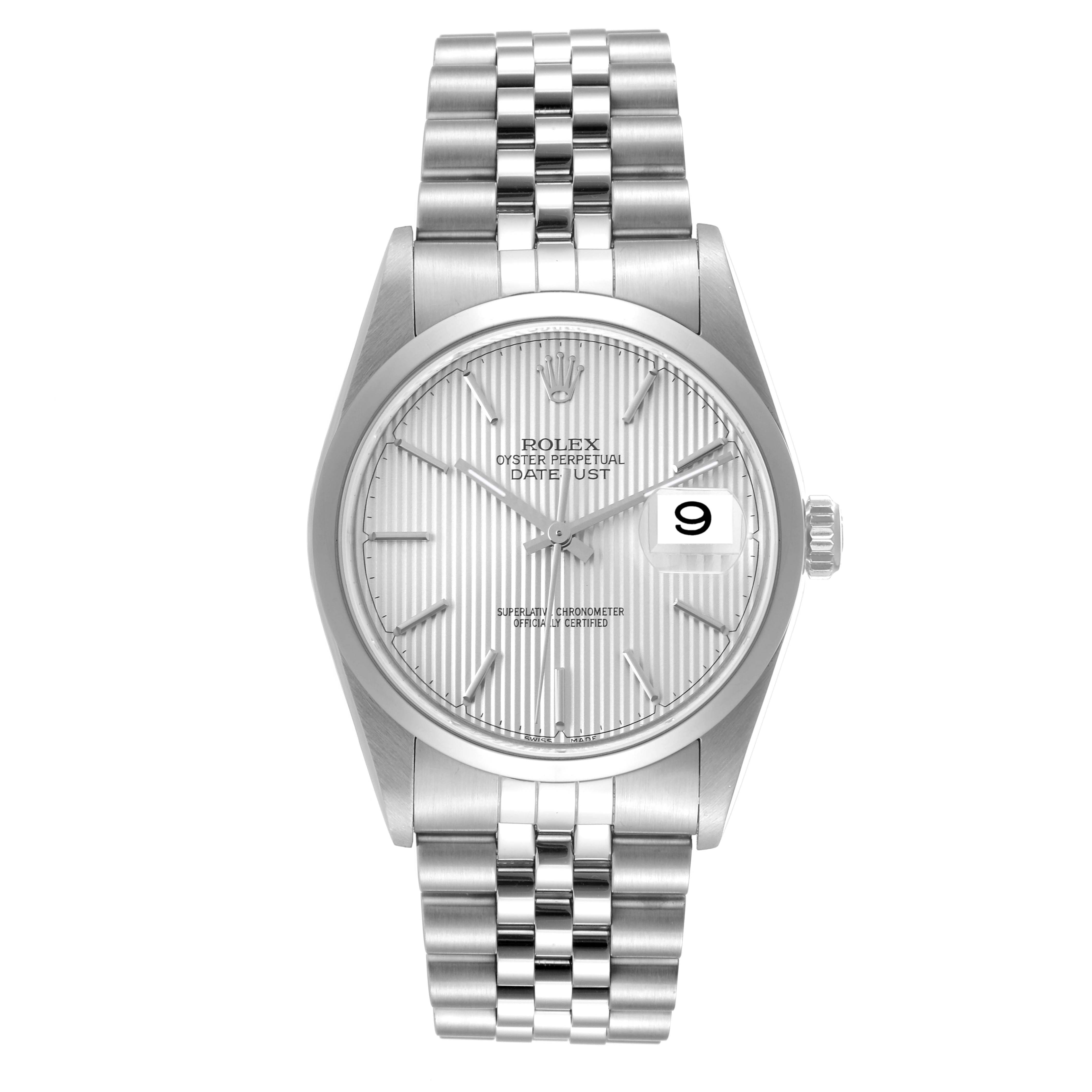 This image shows a front view of a Rolex Datejust 16200 Men's Stainless Steel Silver Dial 16200 Men's Stainless Steel Silver Dial watch, highlighting its face, bezel, and bracelet.