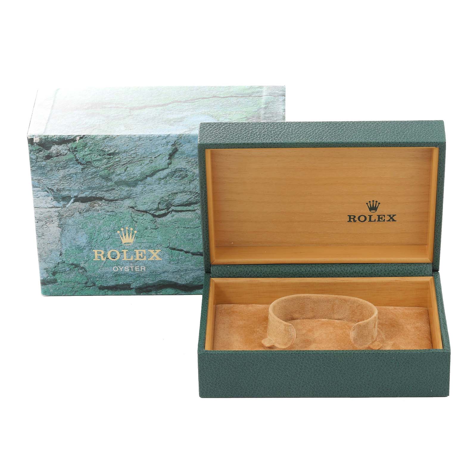 This image shows an open Rolex Datejust 16200 Men's Stainless Steel Silver Dial 16200 Men's Stainless Steel Silver Dial watch box with the outer box visible in the background.