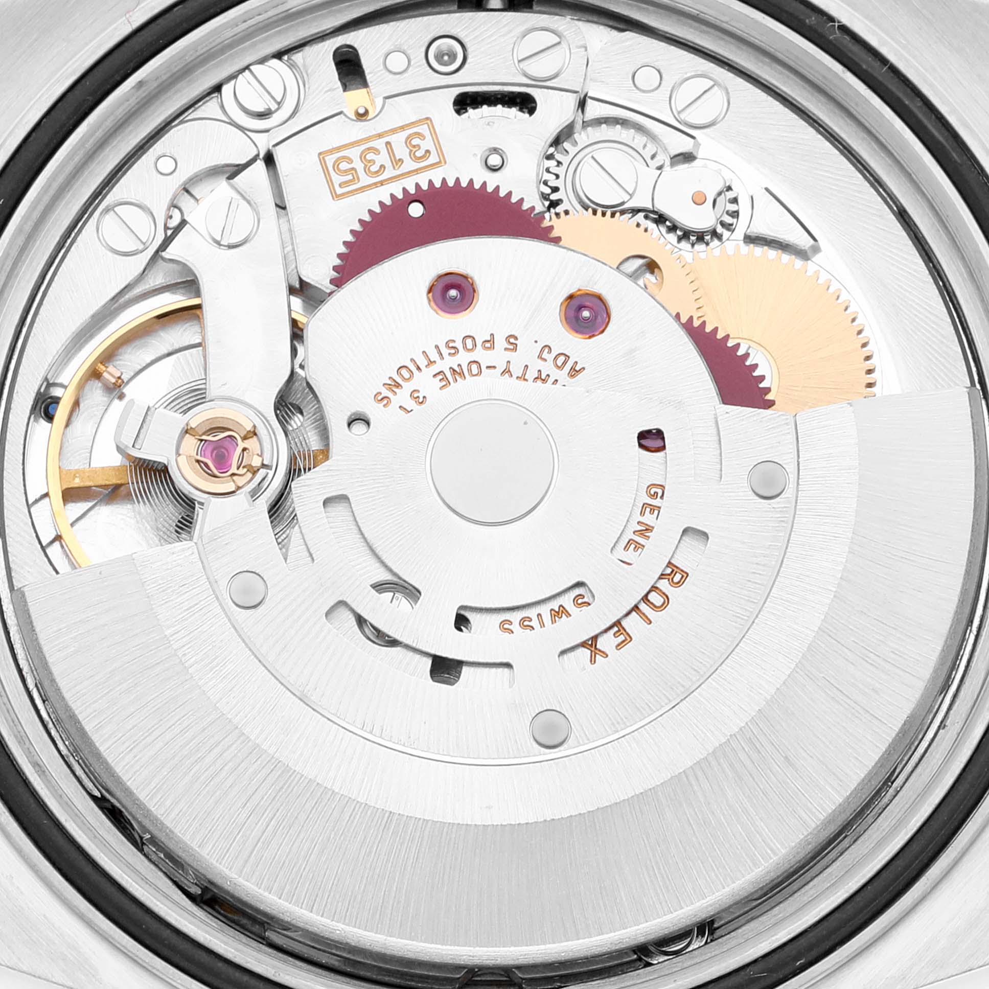 This is an image of the internal mechanism of a Rolex Datejust 16200 Men's Stainless Steel Silver Dial 16200 Men's Stainless Steel Silver Dial watch, showing the rotor, gears, and escapement.