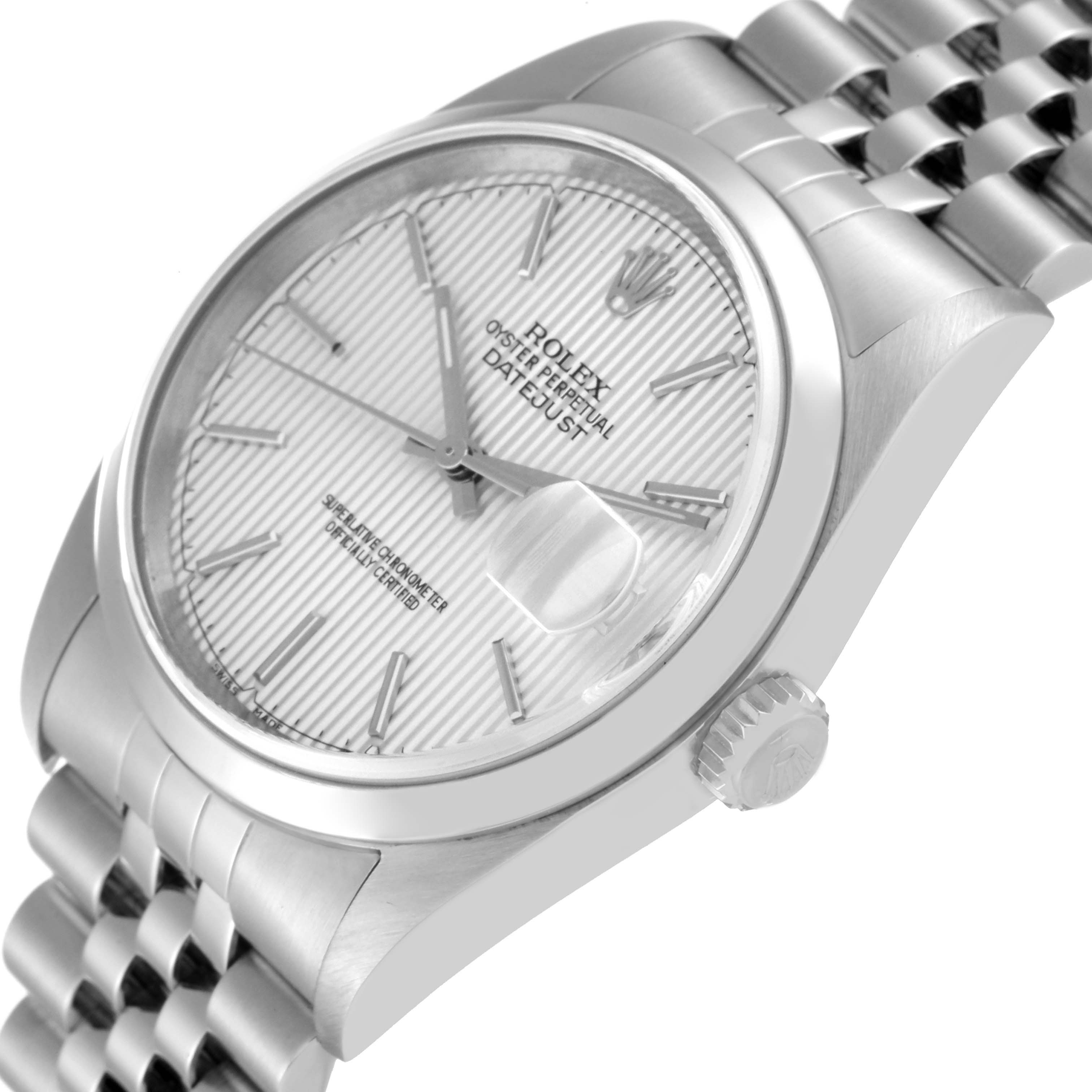 The image shows a Rolex Datejust 16200 Men's Stainless Steel Silver Dial 16200 Men's Stainless Steel Silver Dial watch at an angle displaying the dial, crown, case, and part of the bracelet.