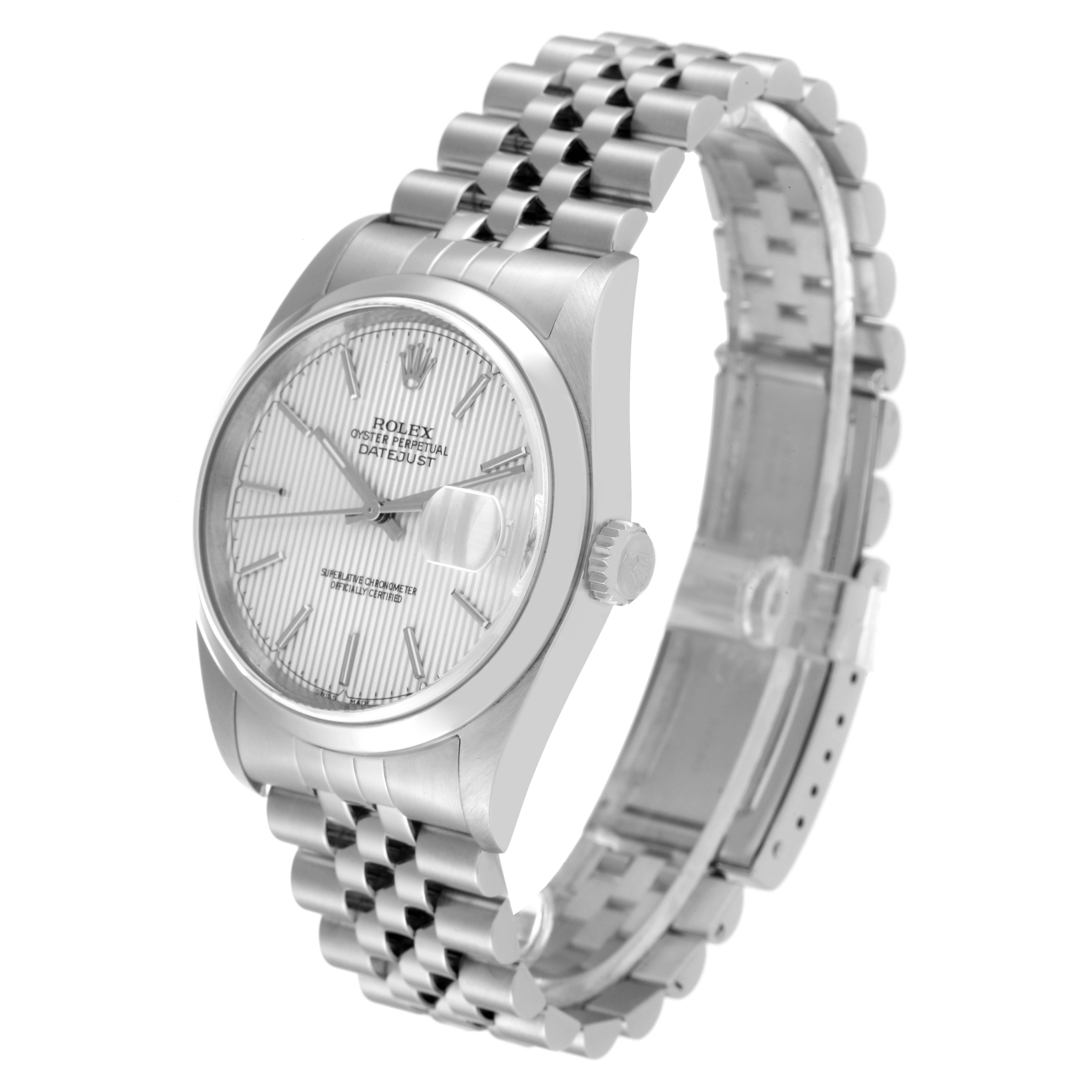 The image shows a Rolex Datejust 16200 Men's Stainless Steel Silver Dial 16200 Men's Stainless Steel Silver Dial watch angled to display its face, bezel, crown, and metal bracelet band.