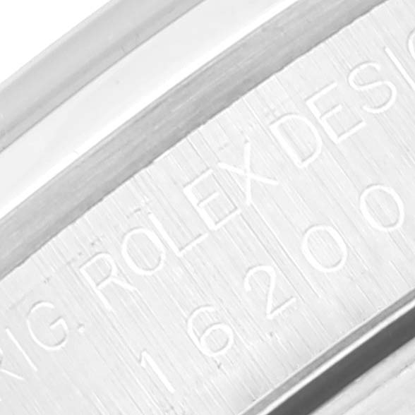 This image shows a close-up of the model and design engraving inside the case of a Rolex Datejust 16200 Men's Stainless Steel Silver Dial 16200 Men's Stainless Steel Silver Dial watch.