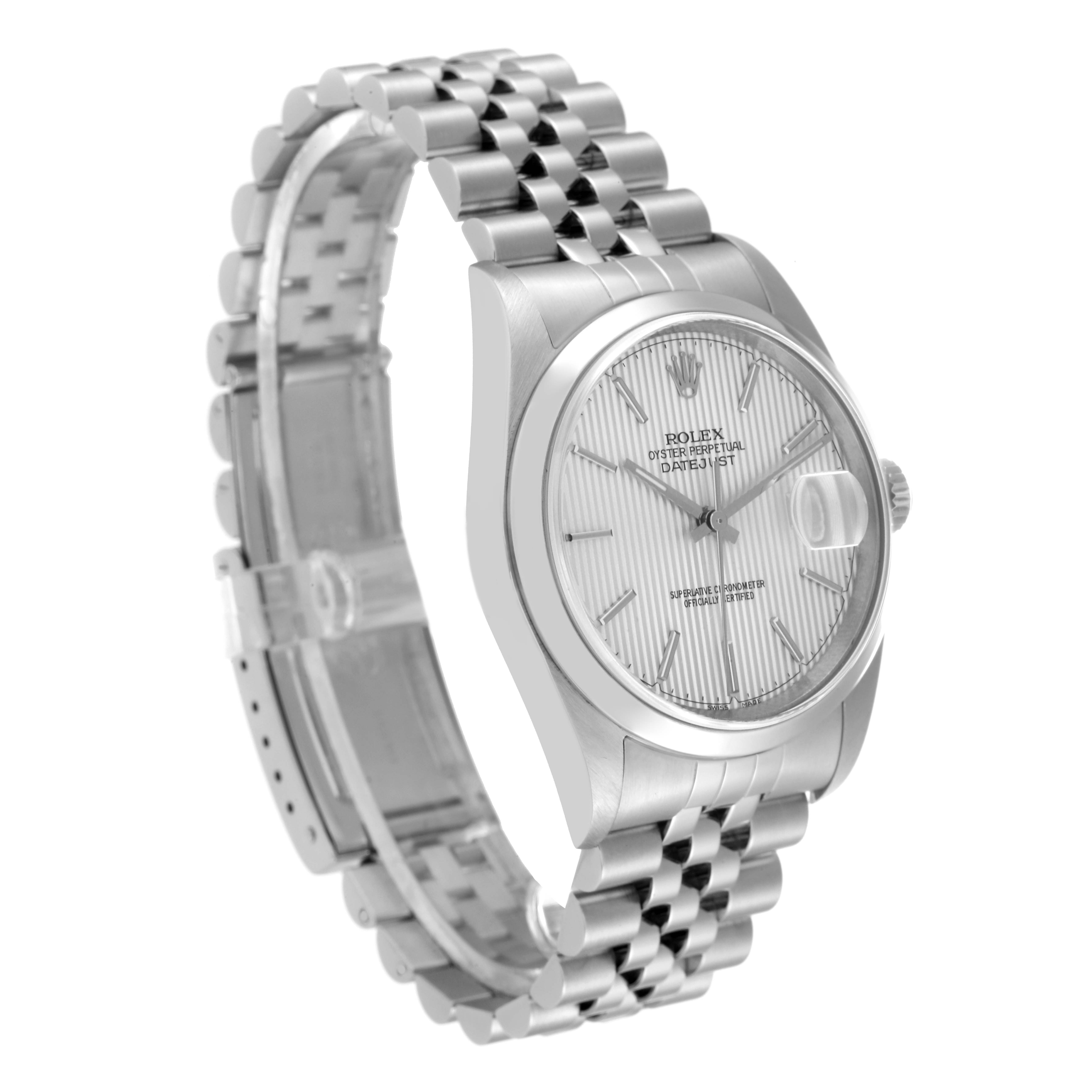 This image shows a side angle of a stainless steel Rolex Datejust 16200 Men's Stainless Steel Silver Dial 16200 Men's Stainless Steel Silver Dial watch, highlighting its face, bezel, and Jubilee bracelet.
