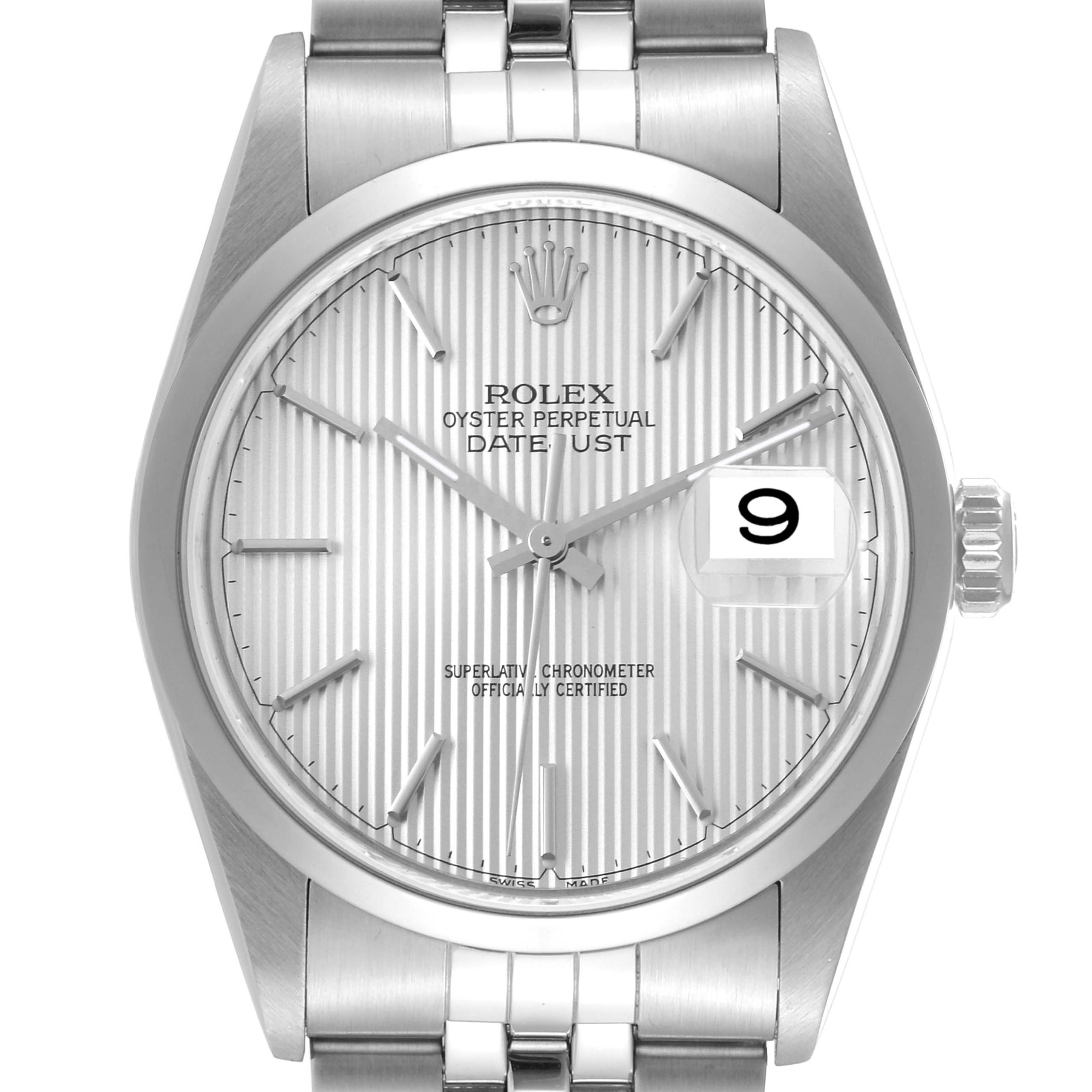 This image shows a front view of the Rolex Datejust 16200 Men's Stainless Steel Silver Dial 16200 Men's Stainless Steel Silver Dial watch, highlighting the face, dial, bezel, and part of the bracelet.