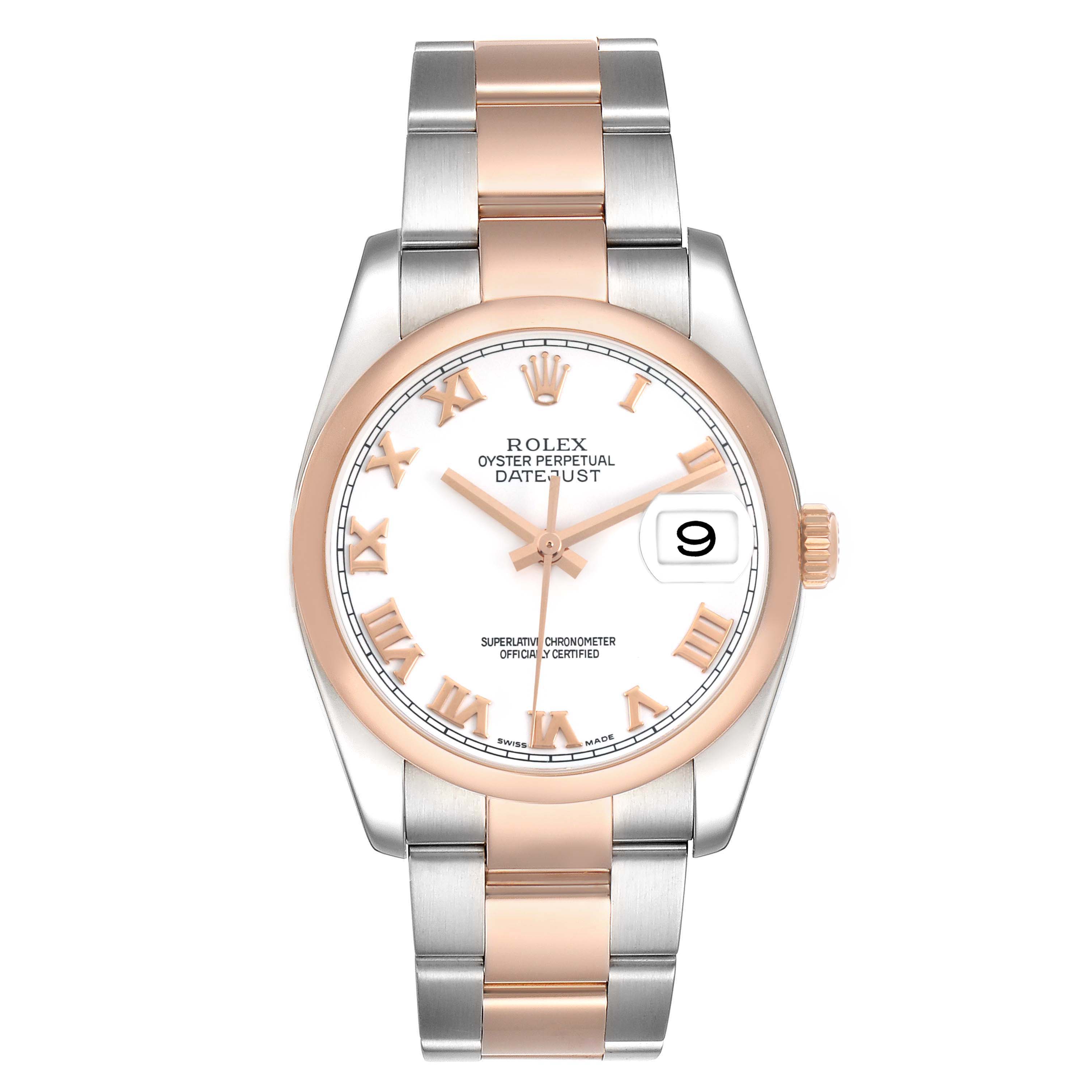 The Rolex Datejust 116201 Men's Steel and Gold (two tone) White Dial watch is shown from a top view, highlighting the face, hands, date window, and two-tone bracelet.