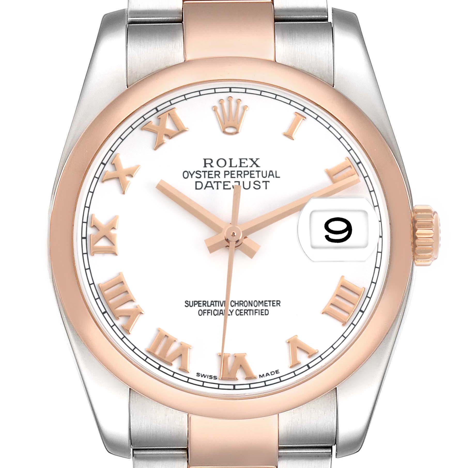 The Rolex Datejust 116201 Men's Steel and Gold (two tone) White Dial watch is shown from a frontal angle, highlighting the dial, bezel, crown, bracelet, and date display.