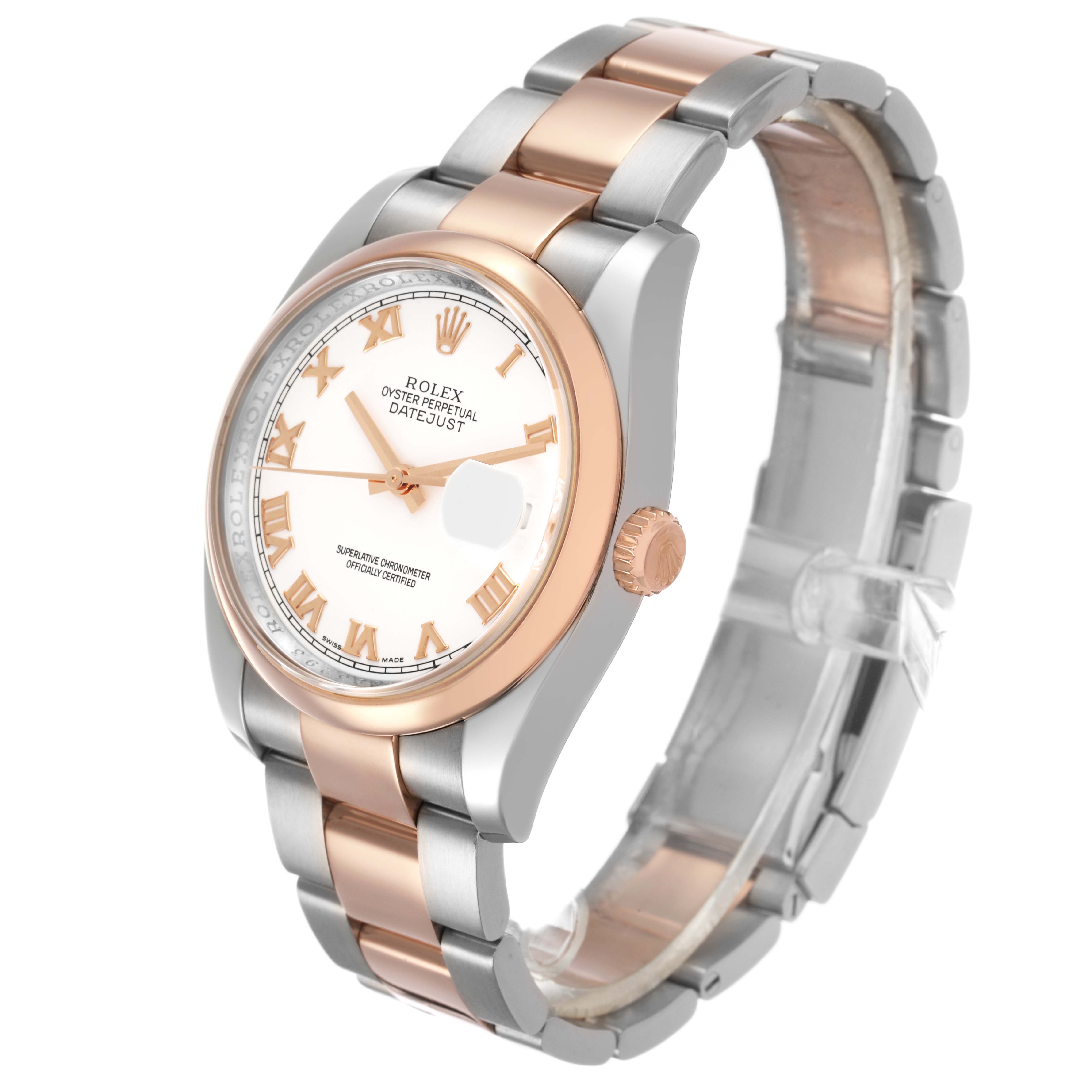 The Rolex Datejust 116201 Men's Steel and Gold (two tone) White Dial watch is shown at an angled view, highlighting the dial, bezel, and two-tone bracelet.