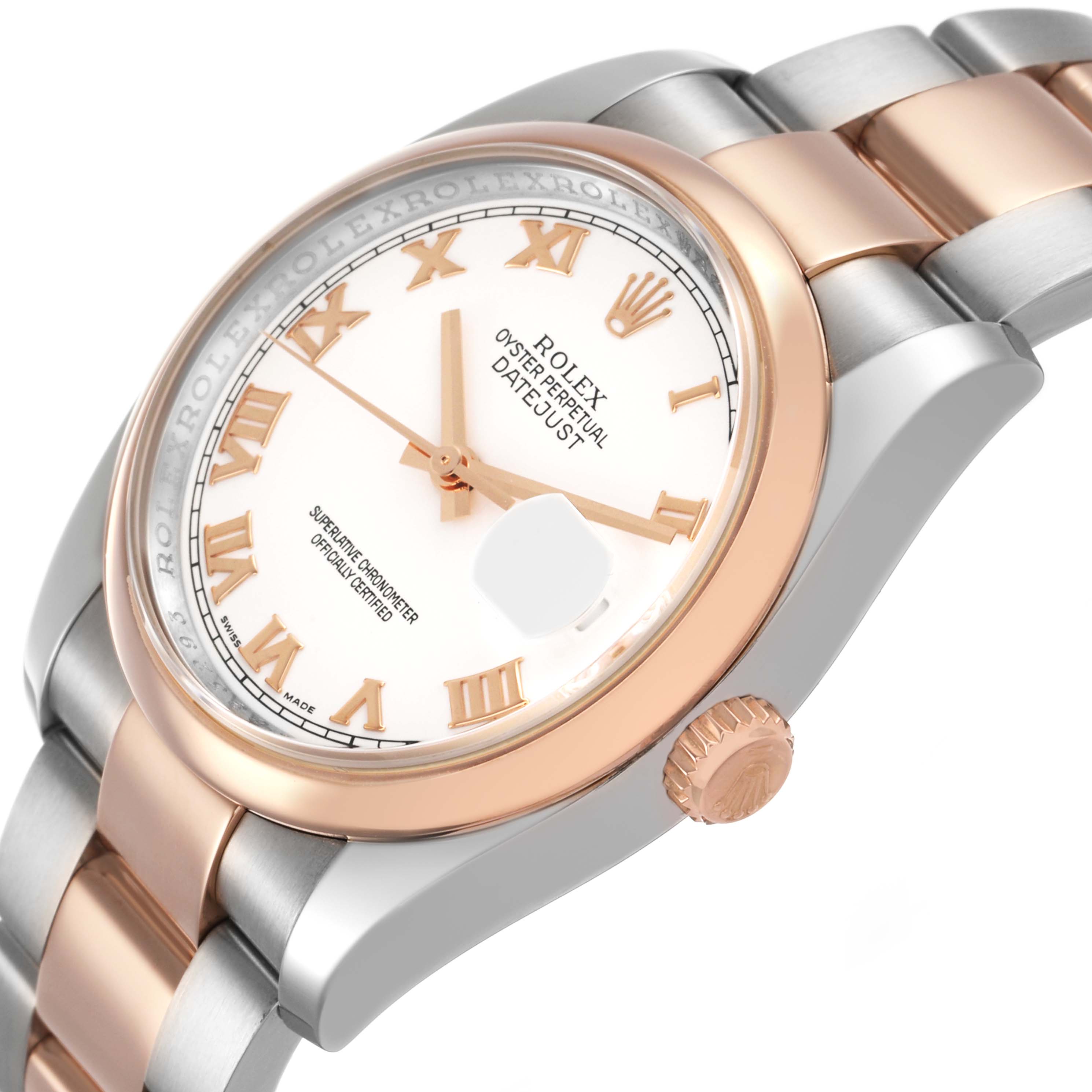 The Rolex Datejust 116201 Men's Steel and Gold (two tone) White Dial watch is shown at a slight angle, highlighting the two-tone bracelet, dial, crown, and date magnifier.