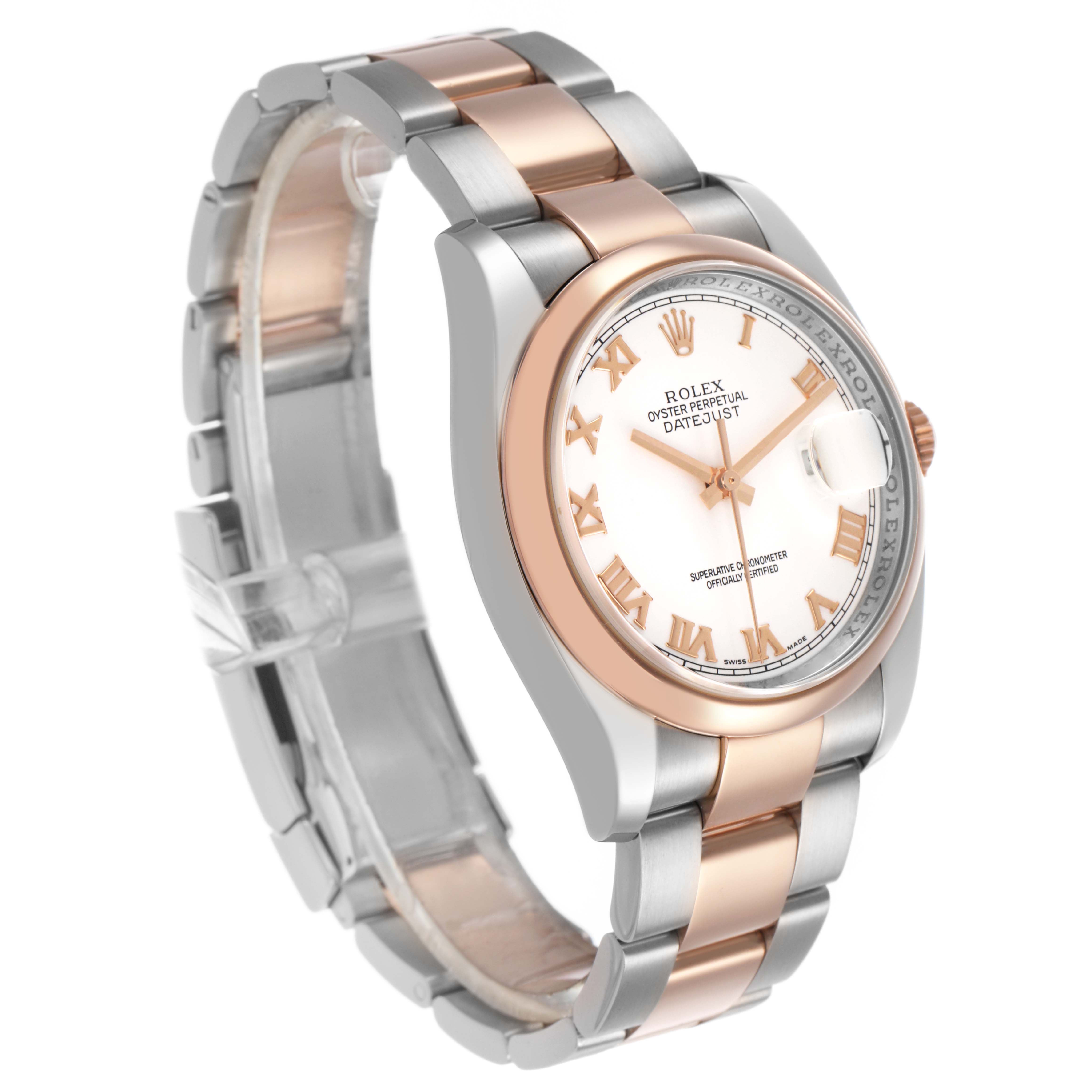 The Rolex Datejust 116201 Men's Steel and Gold (two tone) White Dial watch is shown at a three-quarter angle, highlighting the dial, case, and part of the bracelet.