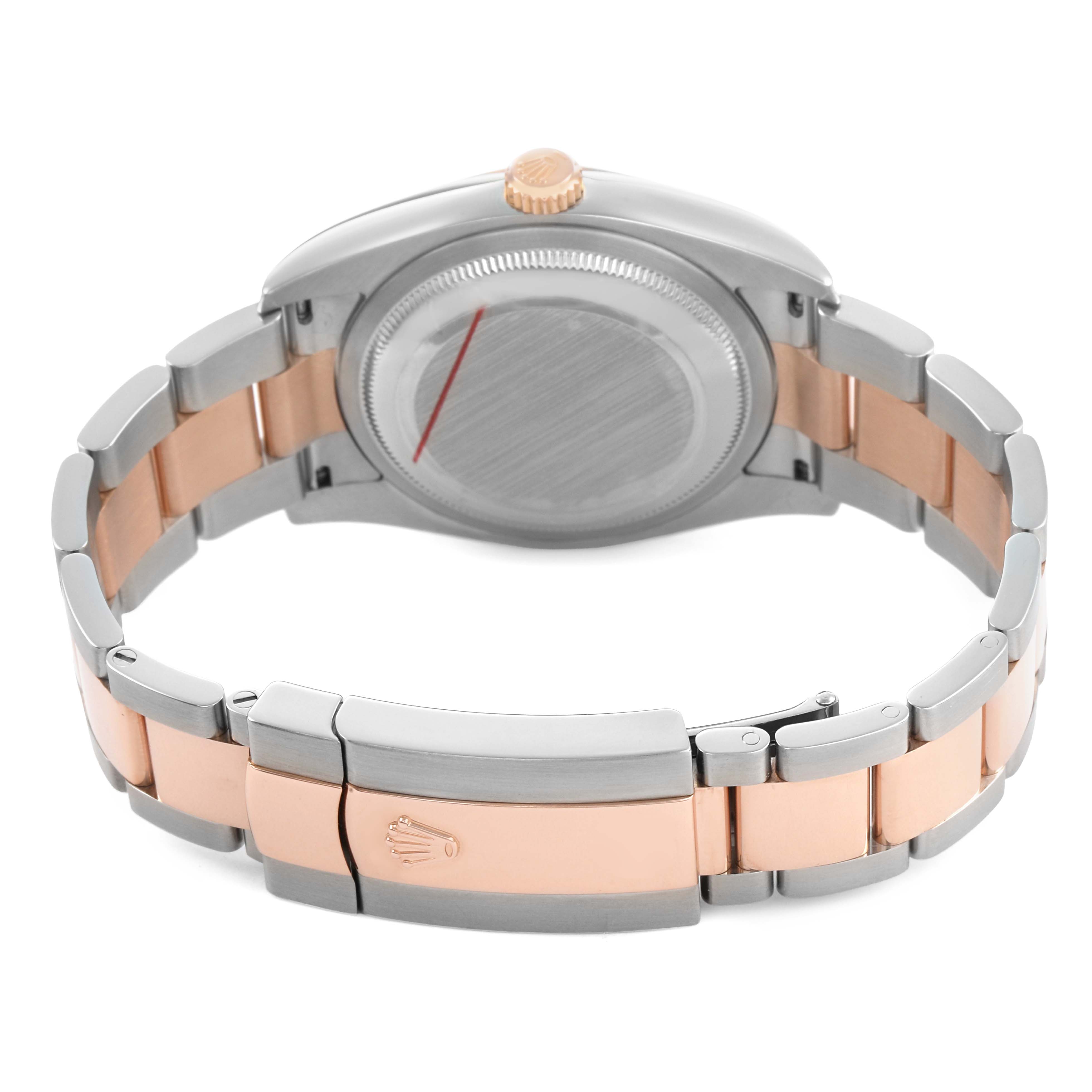 The image shows the back and bracelet of a Rolex Datejust 116201 Men's Steel and Gold (two tone) White Dial, focusing on the clasp and links.