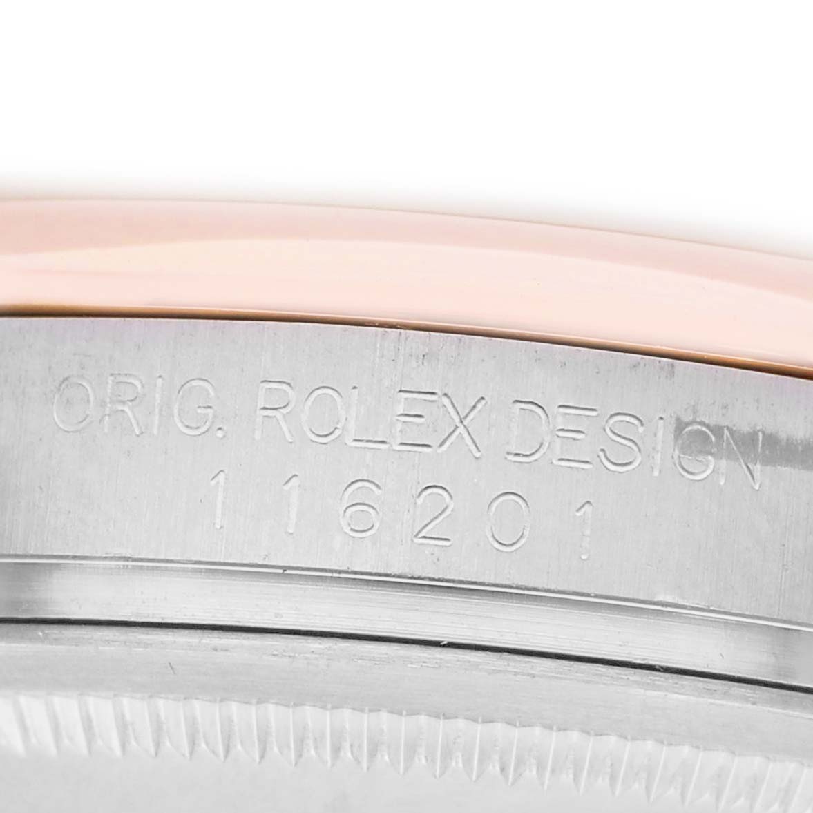 The image shows a close-up of the side of a Datejust Rolex watch, highlighting the engraved reference number.